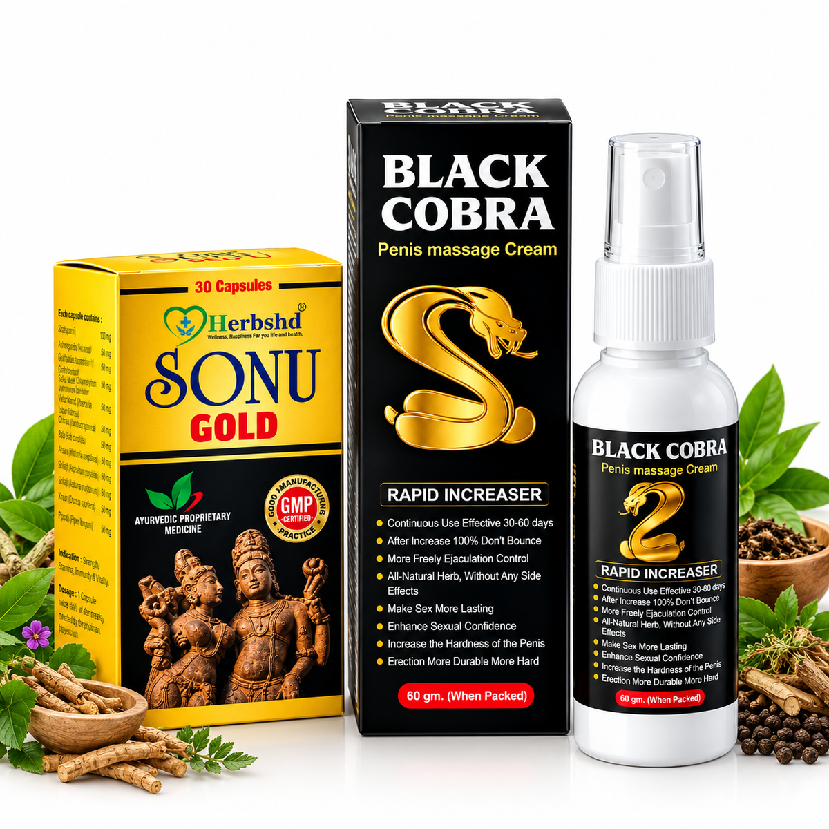 Ayurvedic Black Cobra Massage Cream & Sonu Gold Capsules Combo | 60gm + 30Cap | Combo Pack