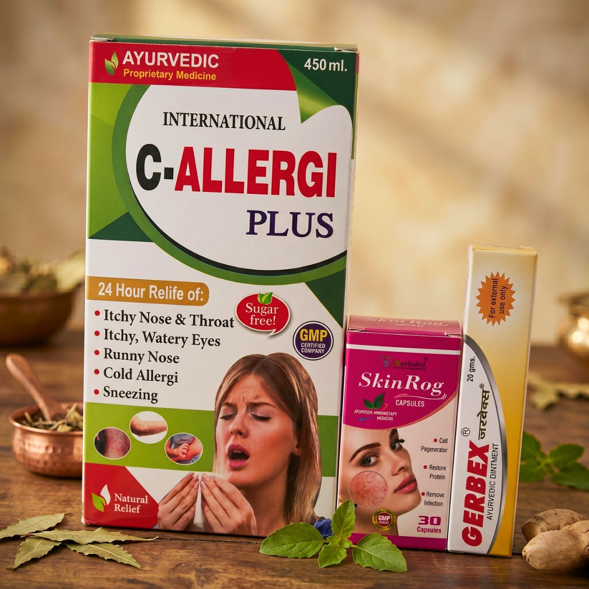 Ayurvedic  Skin Care Allergi Combo Kit SkinRog Capsule, C-Allergi Plus Syrup & Gerbex Ointment Combo | 30Caps + 450ml + 20gm | Combo Pack
