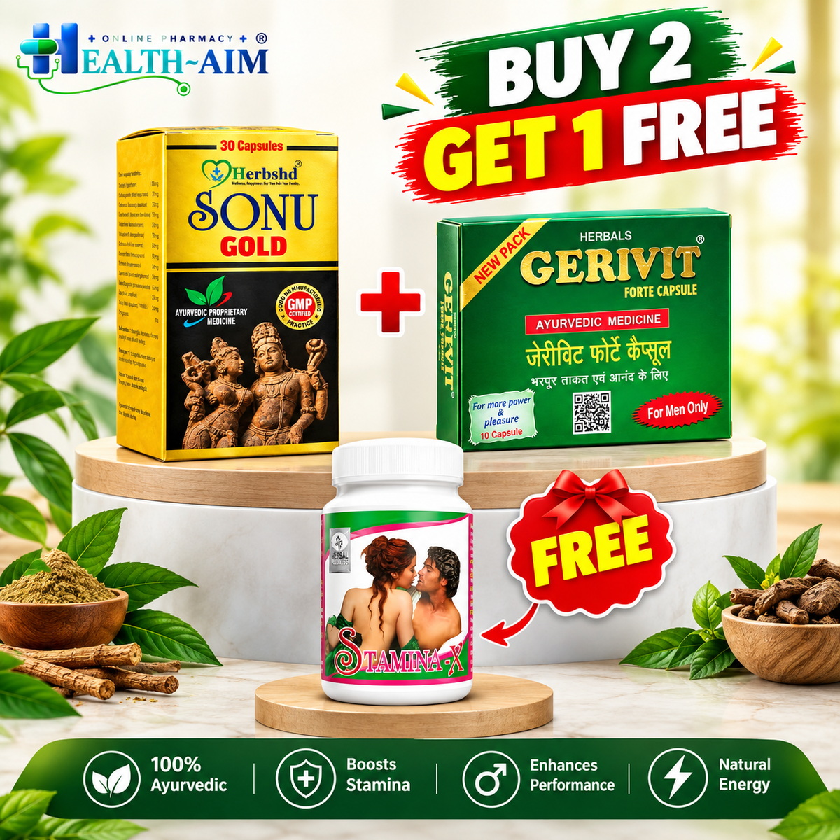 Ayurvedic Sonu Gold Capsule & Gerivit Capsule Combo Pack of 2 + Get Stamina X FREE