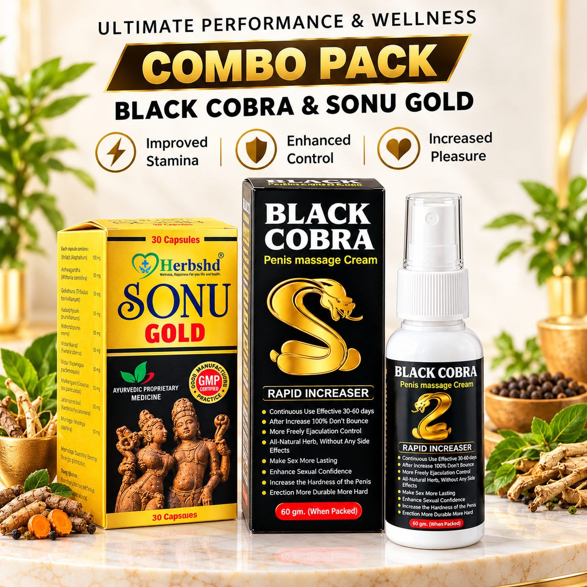 Ayurvedic Black Cobra Massage Cream & Sonu Gold Capsules Combo | 60gm + 30Cap | Combo Pack