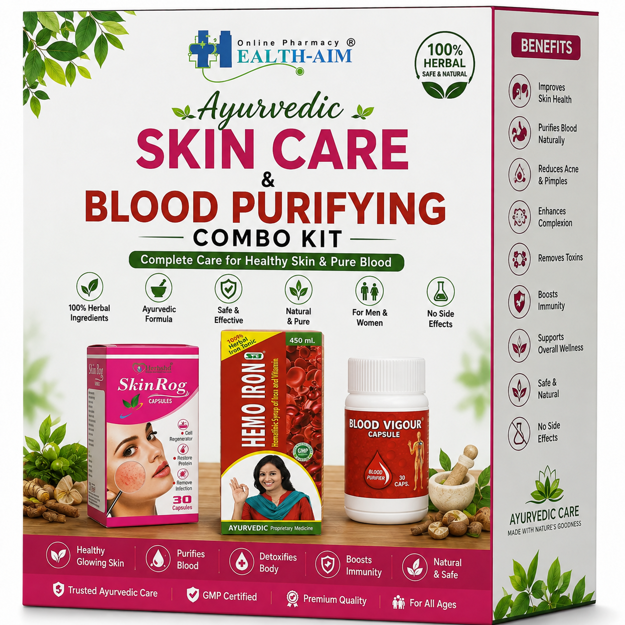 Ayurvedic Blood vigour Capsule and SkinRog Capsule & Hemo Iron Tonic Combo | 30Caps + 30 Caps + 450ml | Combo Pack