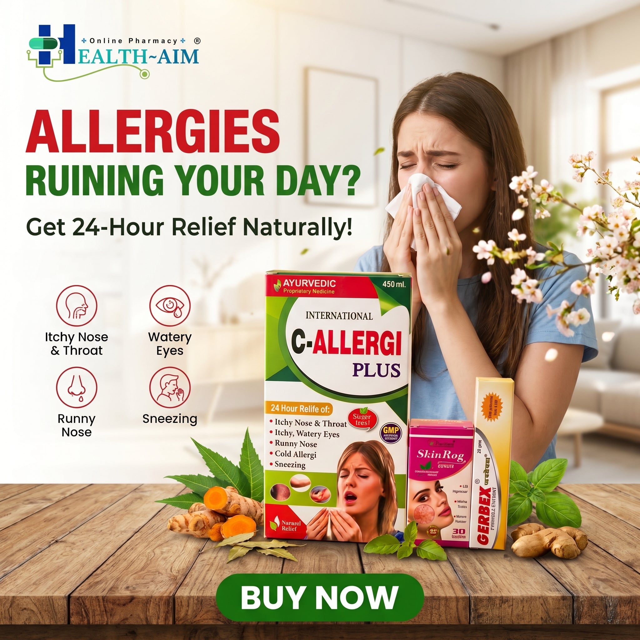 Ayurvedic  Skin Care Allergi Combo Kit SkinRog Capsule, C-Allergi Plus Syrup & Gerbex Ointment Combo | 30Caps + 450ml + 20gm | Combo Pack