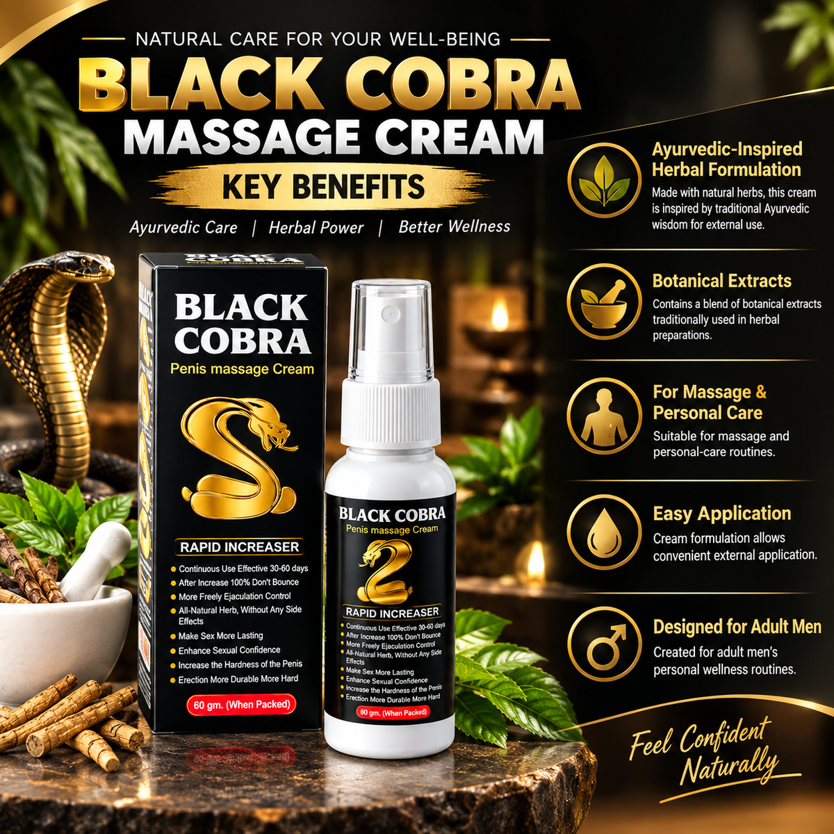 Ayurvedic Black Cobra Massage Cream & Sonu Gold Capsules Combo | 60gm + 30Cap | Combo Pack