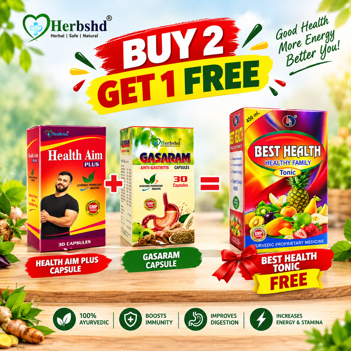Ayurvedic Health Aim Plus Capsule & Gasaram Capsule Combo Pack of 2 + Get Best Health Tonic FREE