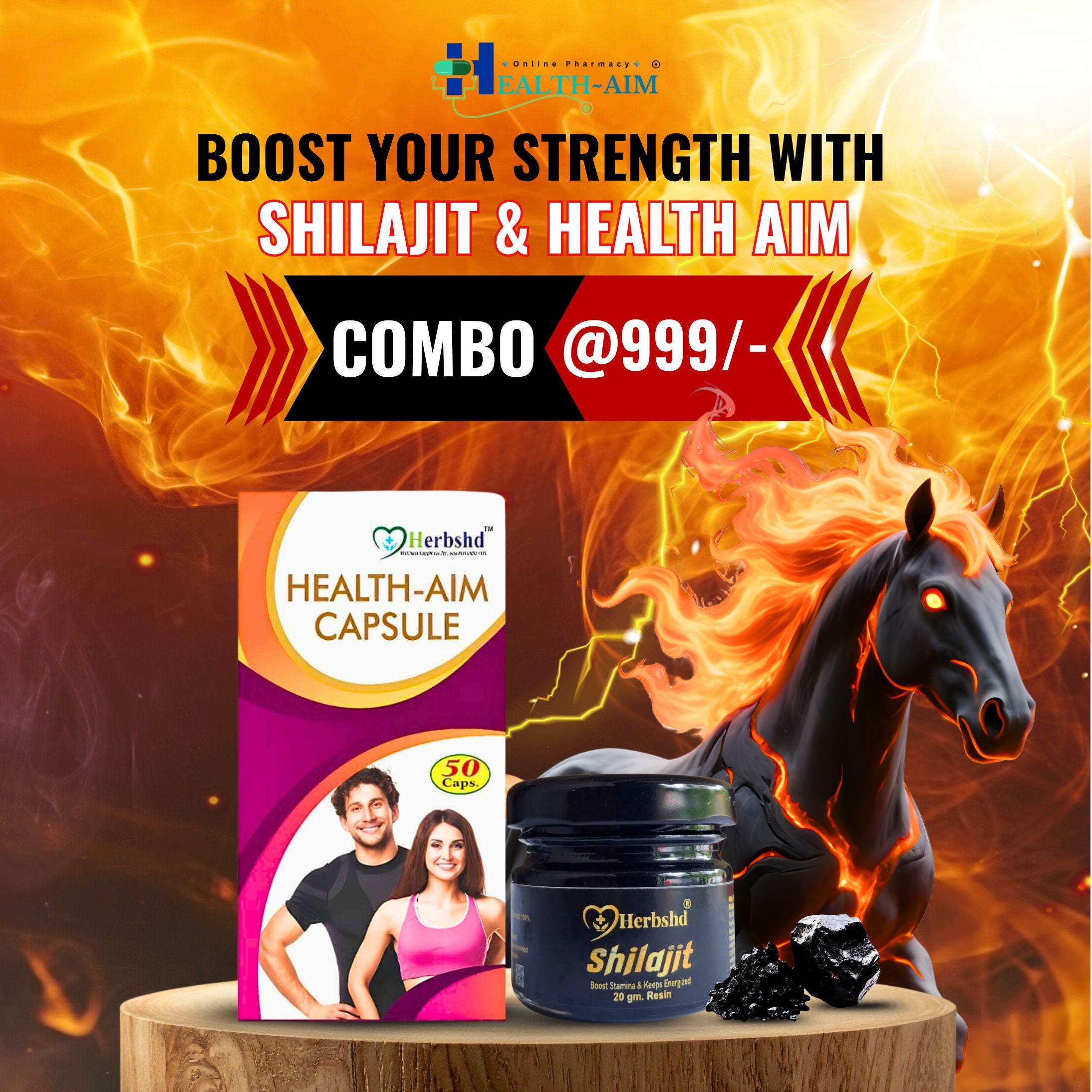 Herbshd Shilajit Resin & Health Aim Capsule Combo Pack - Boost Immunity & Energy, 20g + 50Cap - Health Aim Pharmacy