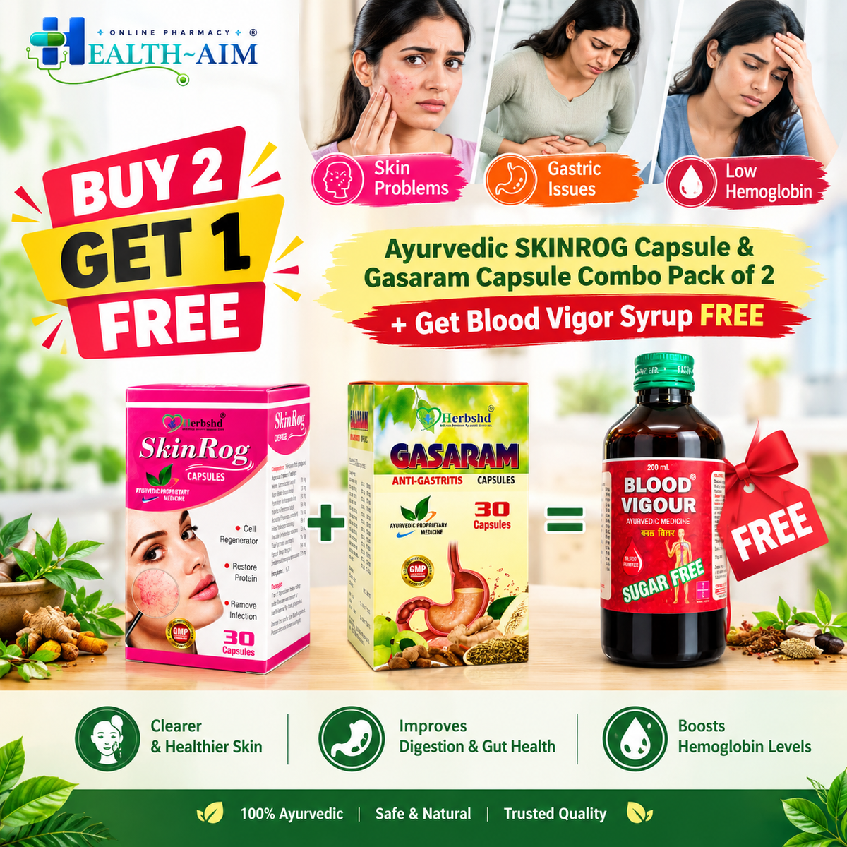 Ayurvedic SKINROG Capsule & Gasaram Capsule Combo Pack of 2 + Get Blood Vigor Syrup FREE