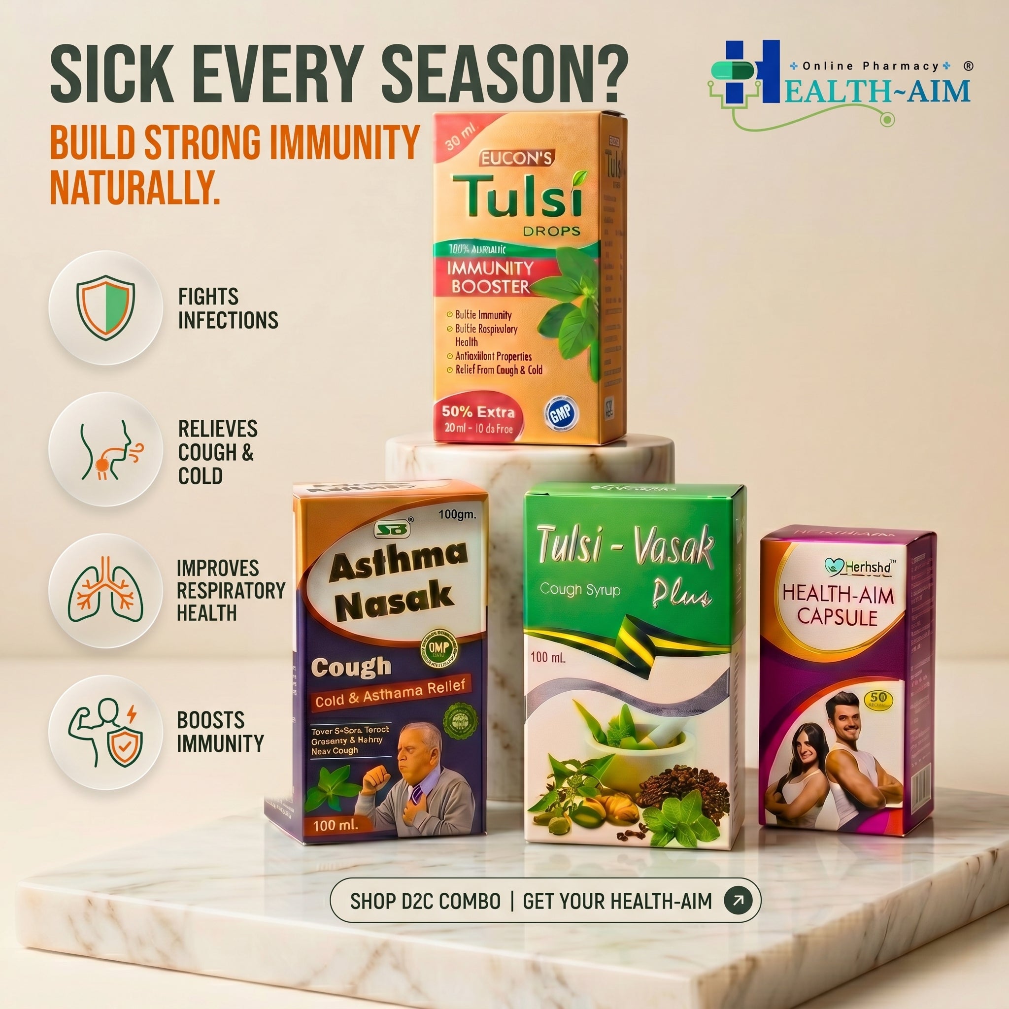 Ayurvedic Tulsi-Vasak Plus Syrup,Health-Aim Capsule,Tulsi Drops & Asthama Nasak Powder Combo | 100gm + 100ml + 30ml + 50Caps | Combo Pack