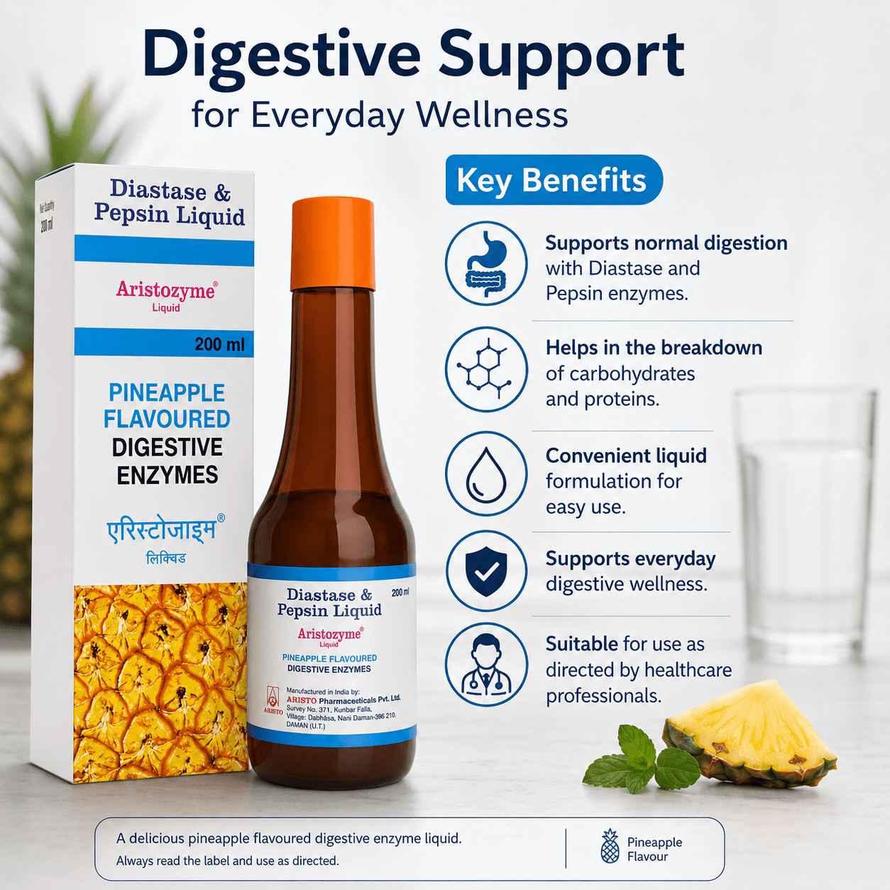 Aristozyme Diastase & Pepsin Liquid | For Digestive Care & Stomach Care | Flavour Pineapple 200ml - HEALTH AIM PHARMACY