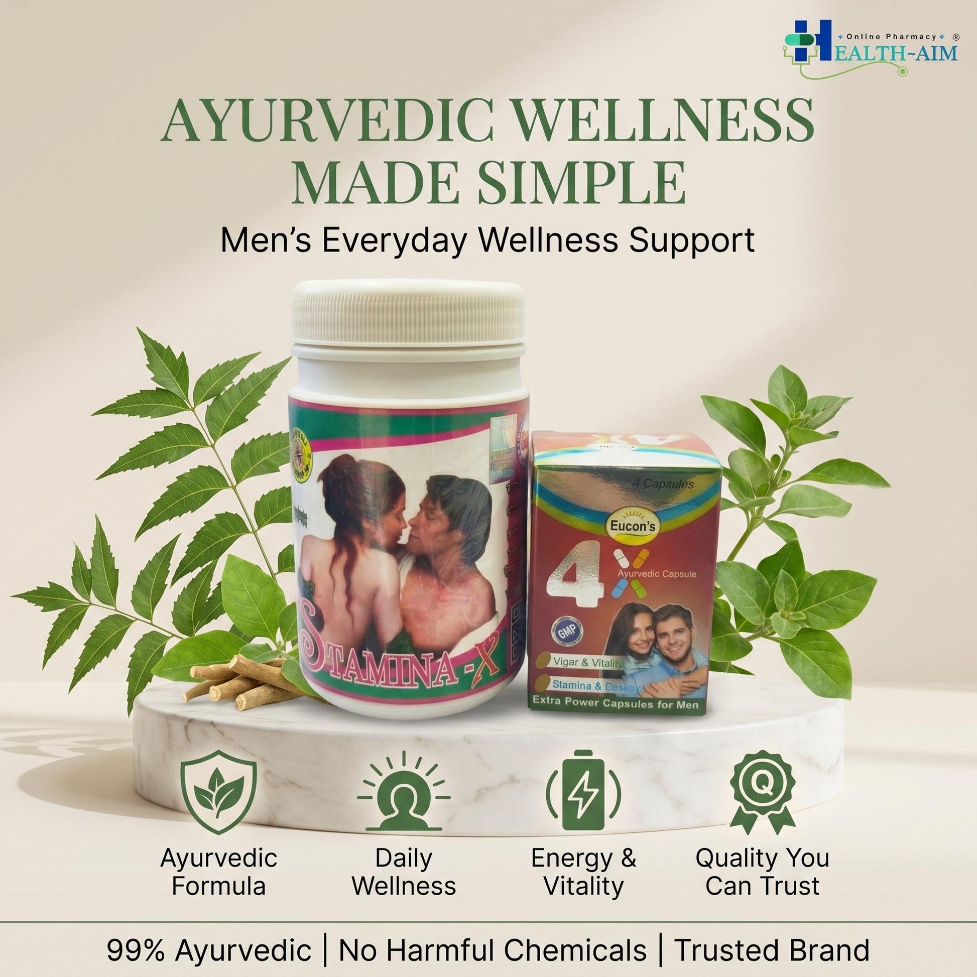 Ayurvedic 4X Capsule Pack of 3 & Stamina - X Powder Combo | 100gm + 4Caps | Combo Pack - HEALTH AIM PHARMACY
