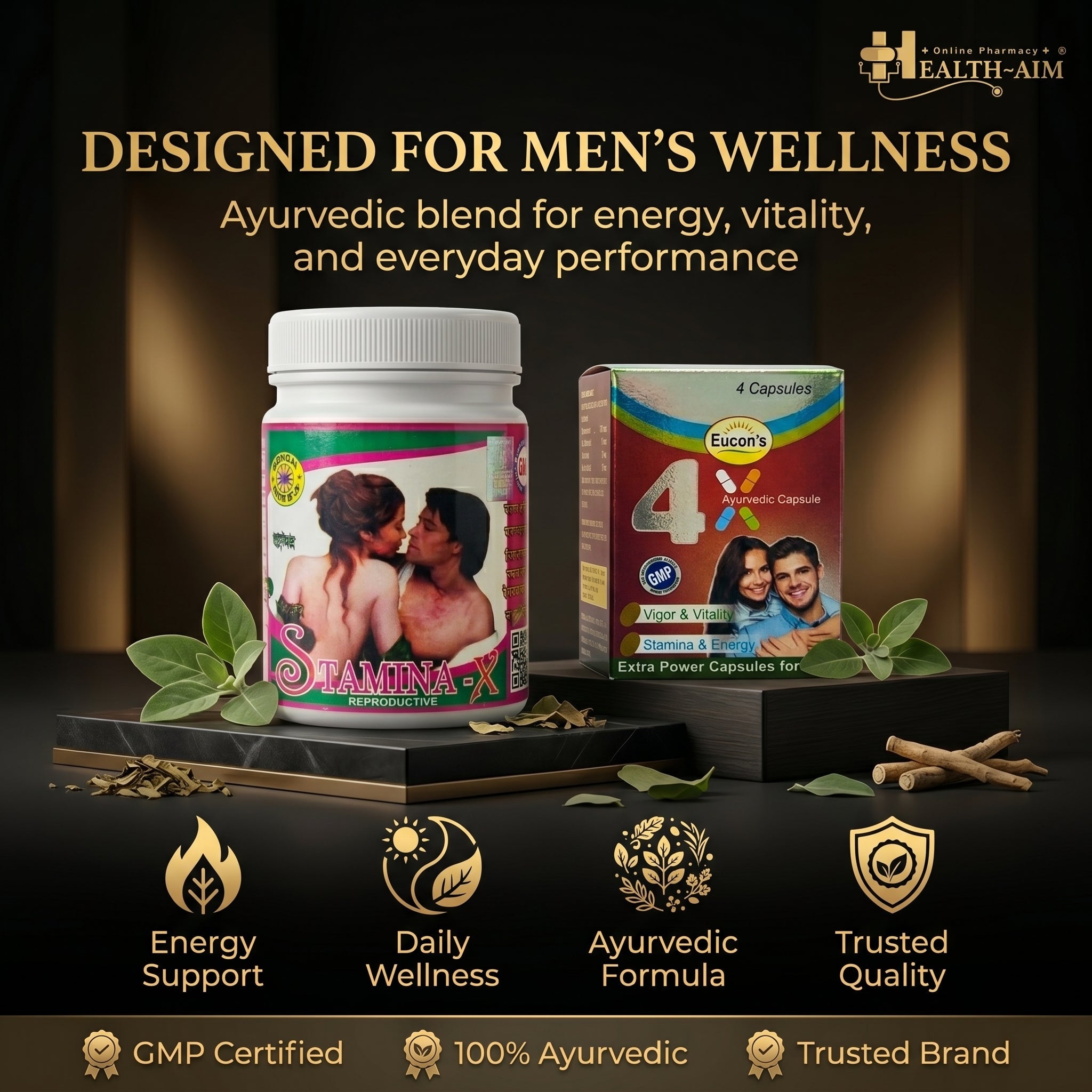 Ayurvedic 4X Capsule Pack of 3 & Stamina - X Powder Combo | 100gm + 4Caps | Combo Pack - HEALTH AIM PHARMACY