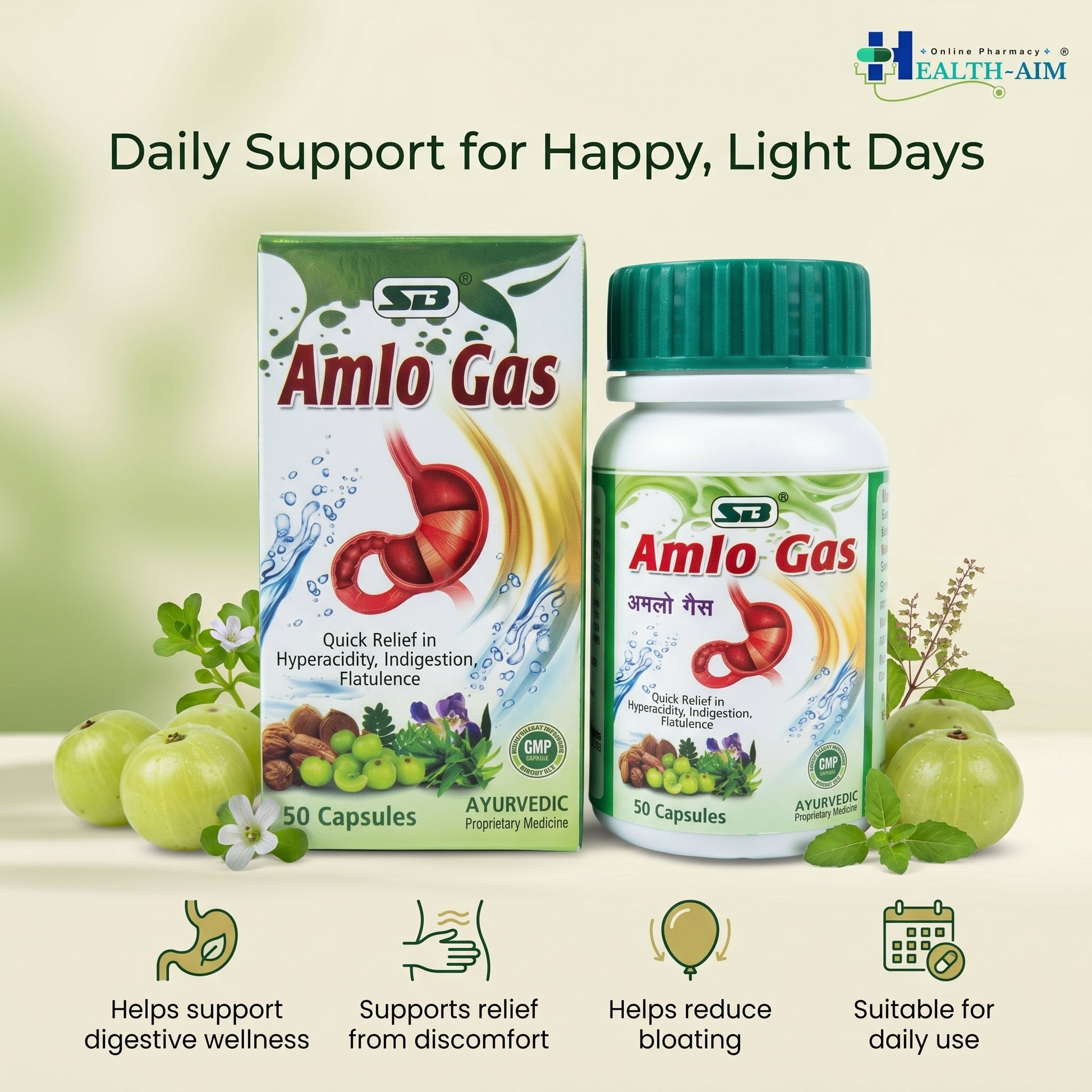 Ayurvedic Amlo Gas Capsule For Quick Relief Indigestion | 50Caps | Pack Of 2 - HEALTH AIM PHARMACY