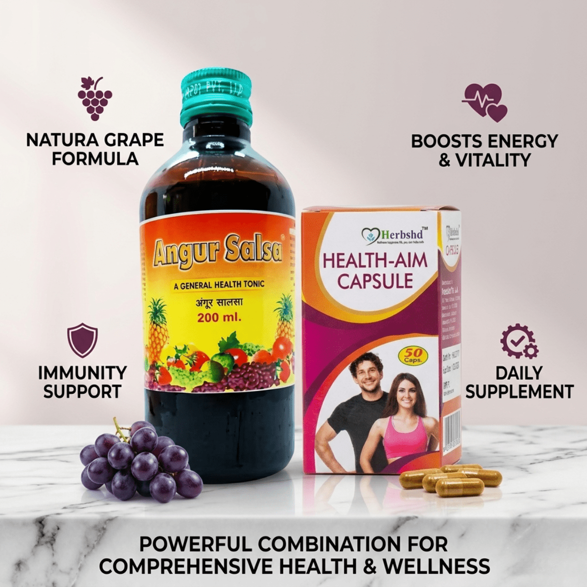 Ayurvedic Angur Salsa Tonic & Health Aim Capsule | 400Ml + 50Caps | Combo Pack of 2 - HEALTH AIM PHARMACY