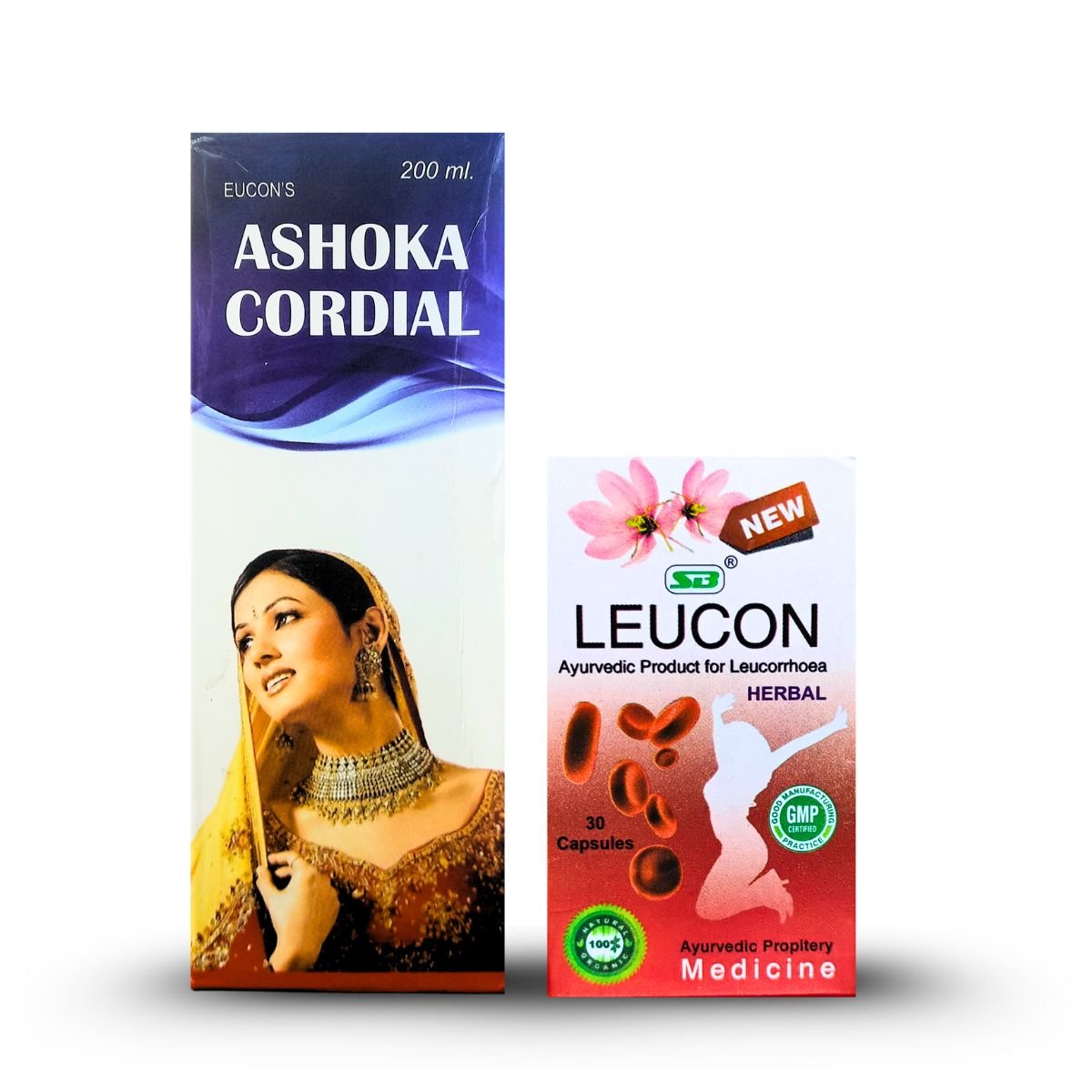 Ayurvedic ASHOKA Cordial Syrup & Leucon Capsule Combo Pack - Women's Health Care, 200ml + 30 capsules - HEALTH AIM PHARMACY