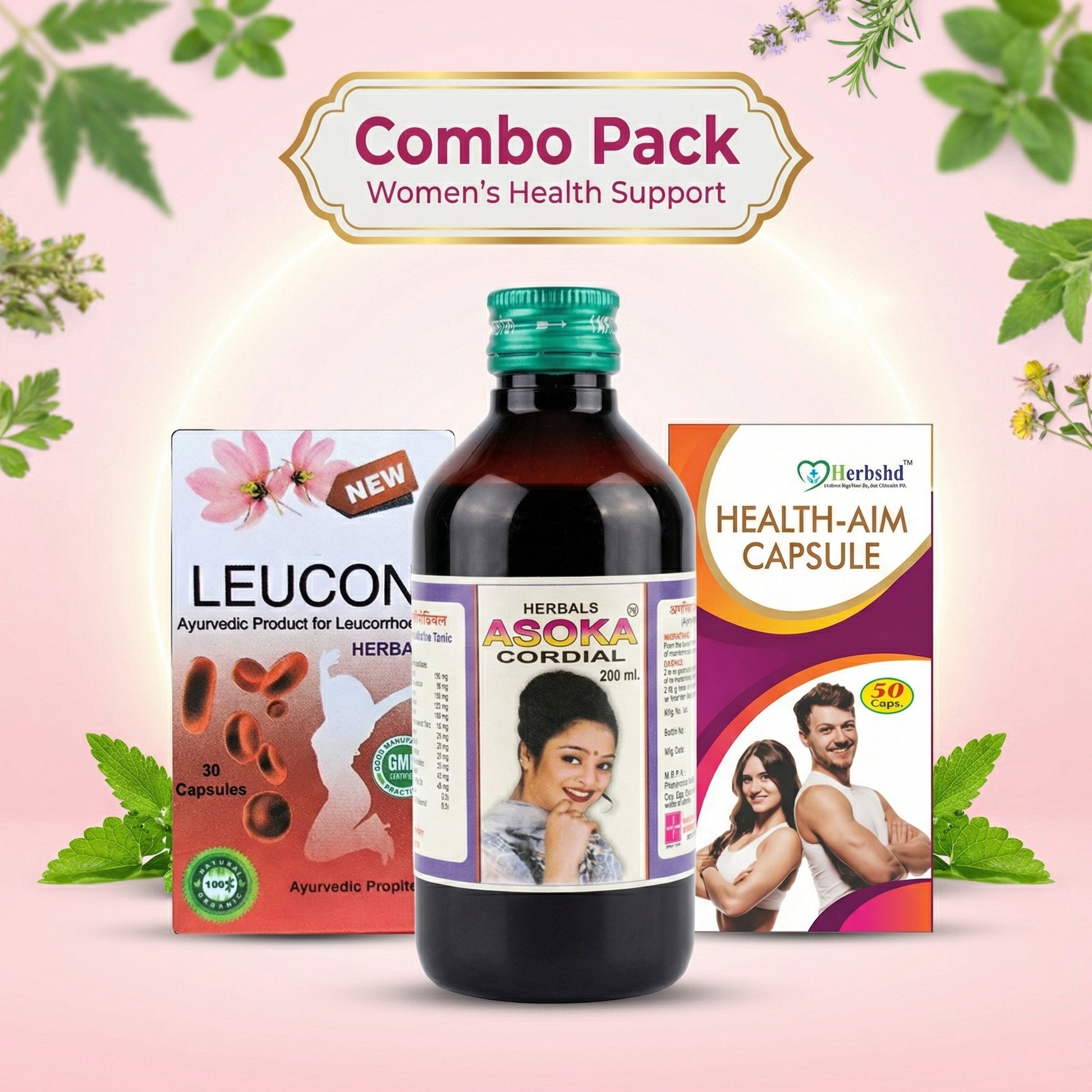 Ayurvedic Asoka Cordial Tonic and Leucon Capsule & Health Aim Capsule Combo | 200ml + 30Caps + 50Caps | Combo Pack - HEALTH AIM PHARMACY
