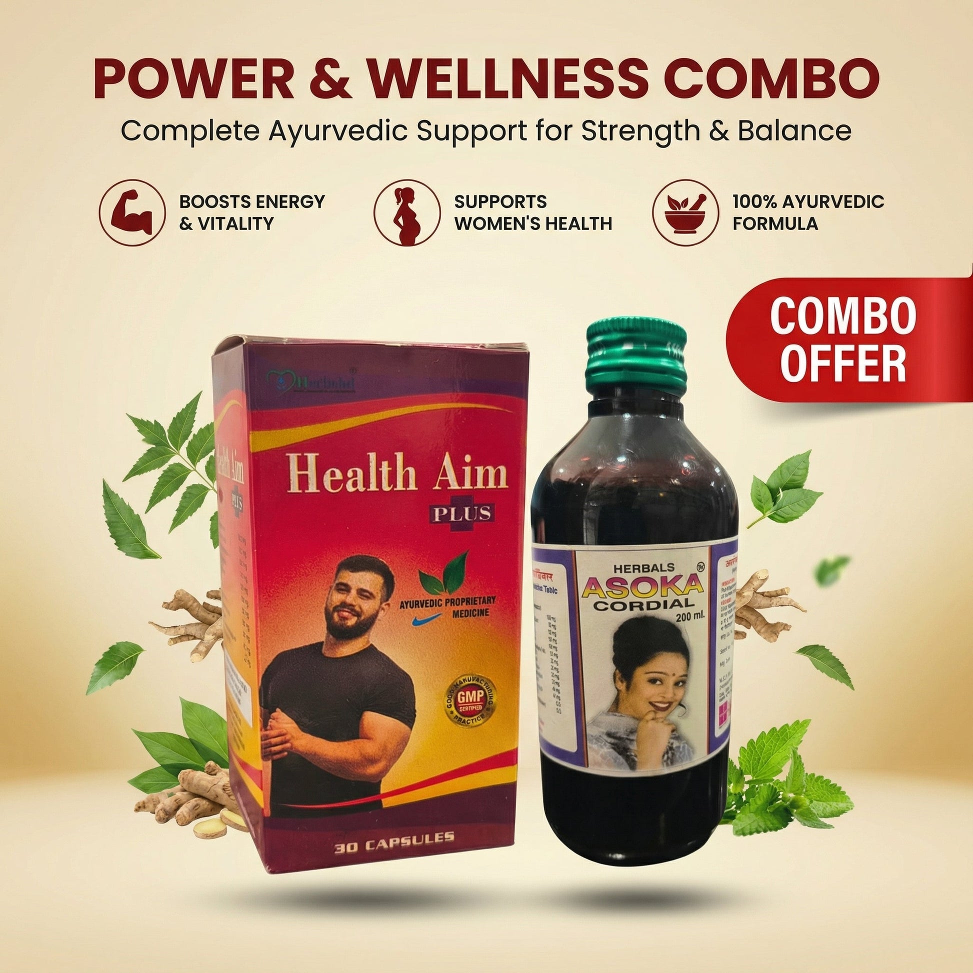Ayurvedic Asoka cordial Tonic (Pack of 2) & Health Aim Plus Capsule | 200ml +200ml + 30 Caps | Combo Pack - HEALTH AIM PHARMACY