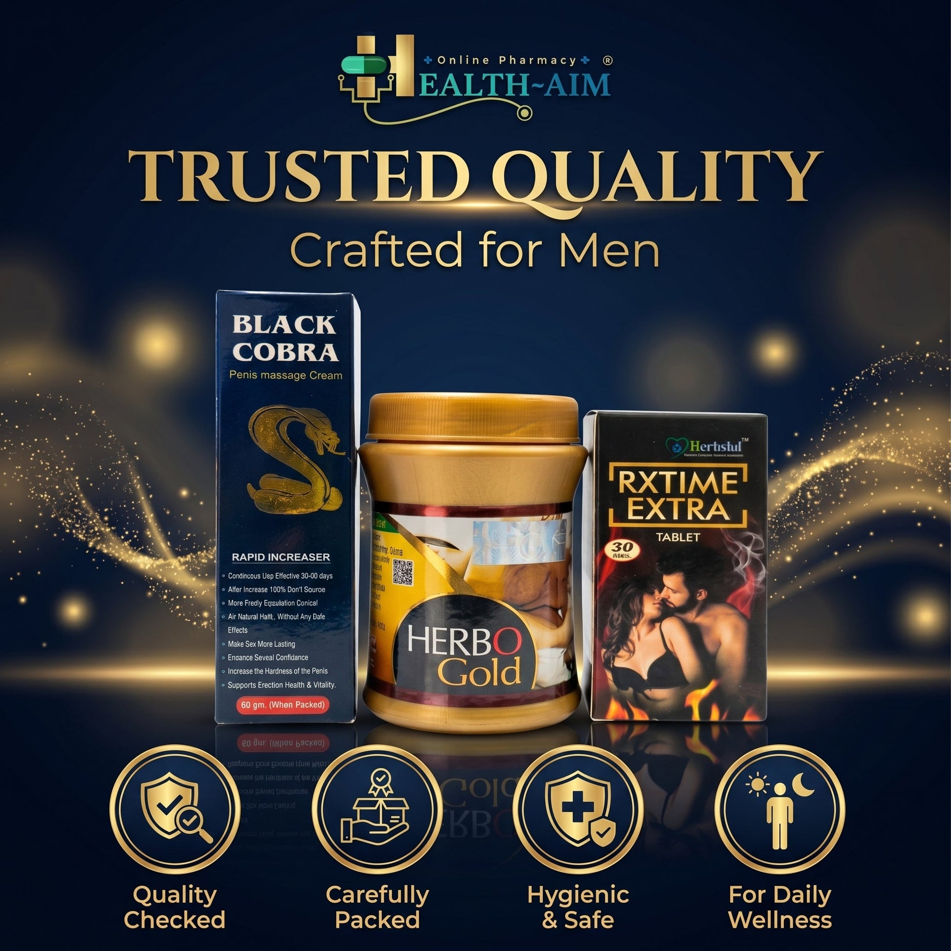 Ayurvedic Black Cobra Massage Cream and Herbo Gold Powder & RxTime Extra Capsule Combo | 60gm + 100gm + 30Caps | Combo Pack - HEALTH AIM PHARMACY
