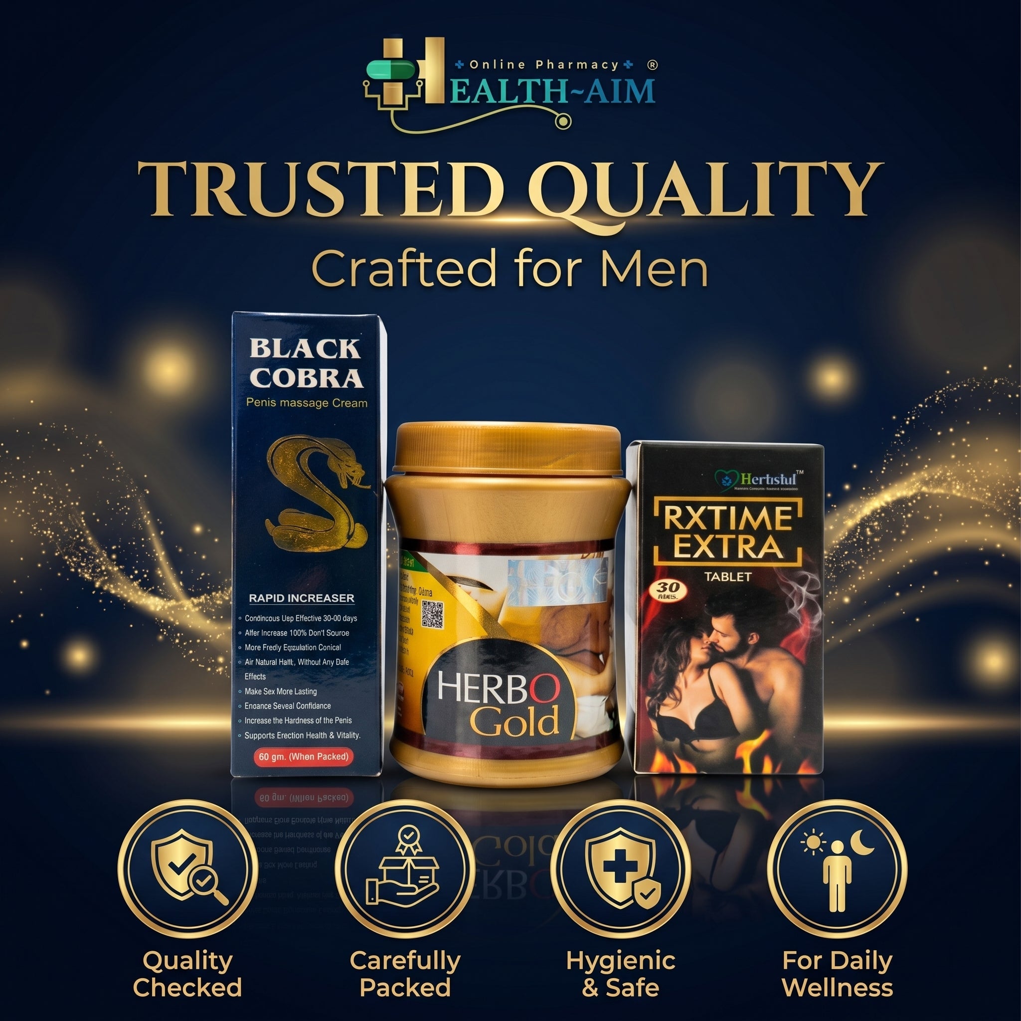 Ayurvedic Black Cobra Massage Cream and Herbo Gold Powder & RxTime Extra Capsule Combo | 60gm + 100gm + 30Caps | Combo Pack - HEALTH AIM PHARMACY
