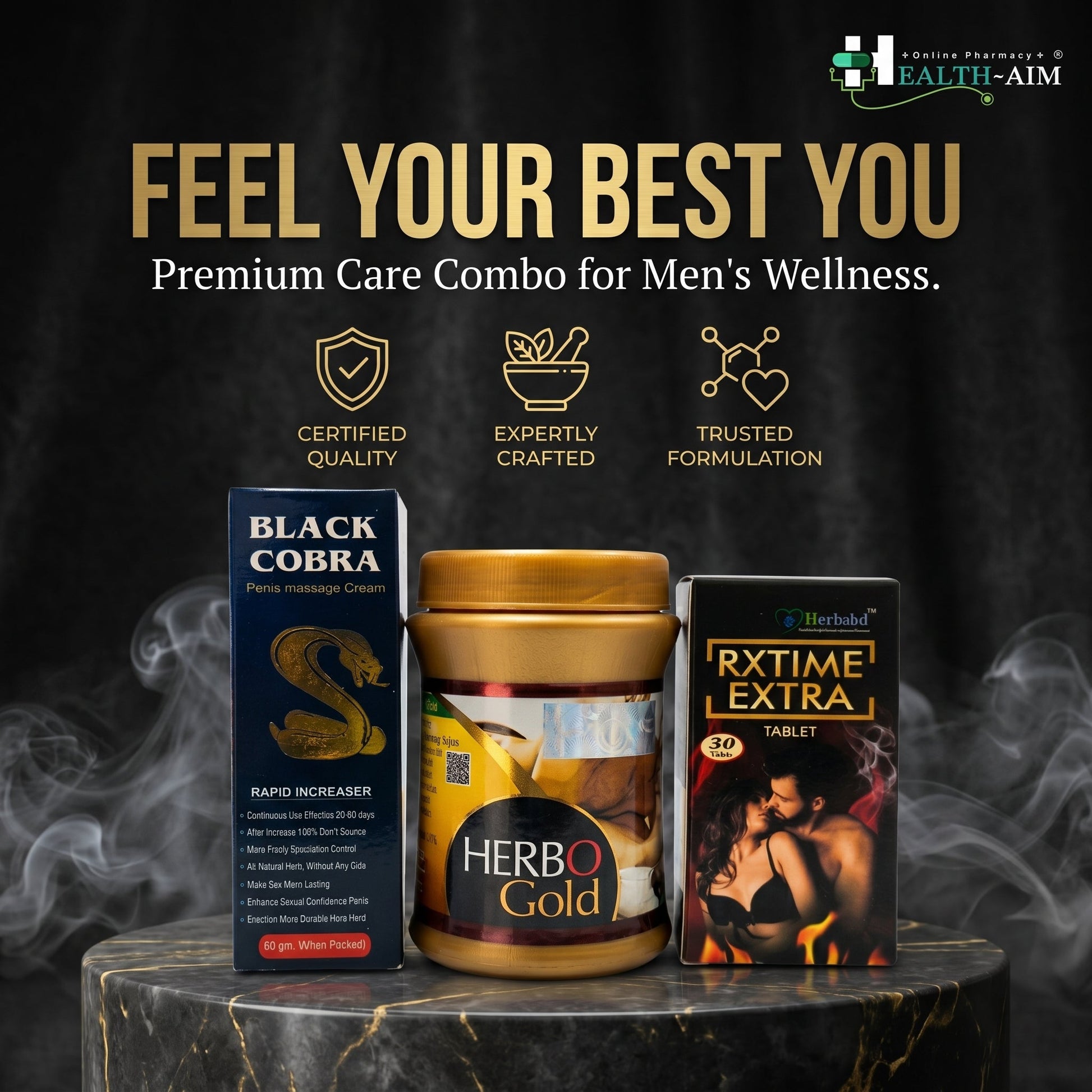 Ayurvedic Black Cobra Massage Cream and Herbo Gold Powder & RxTime Extra Capsule Combo | 60gm + 100gm + 30Caps | Combo Pack - HEALTH AIM PHARMACY