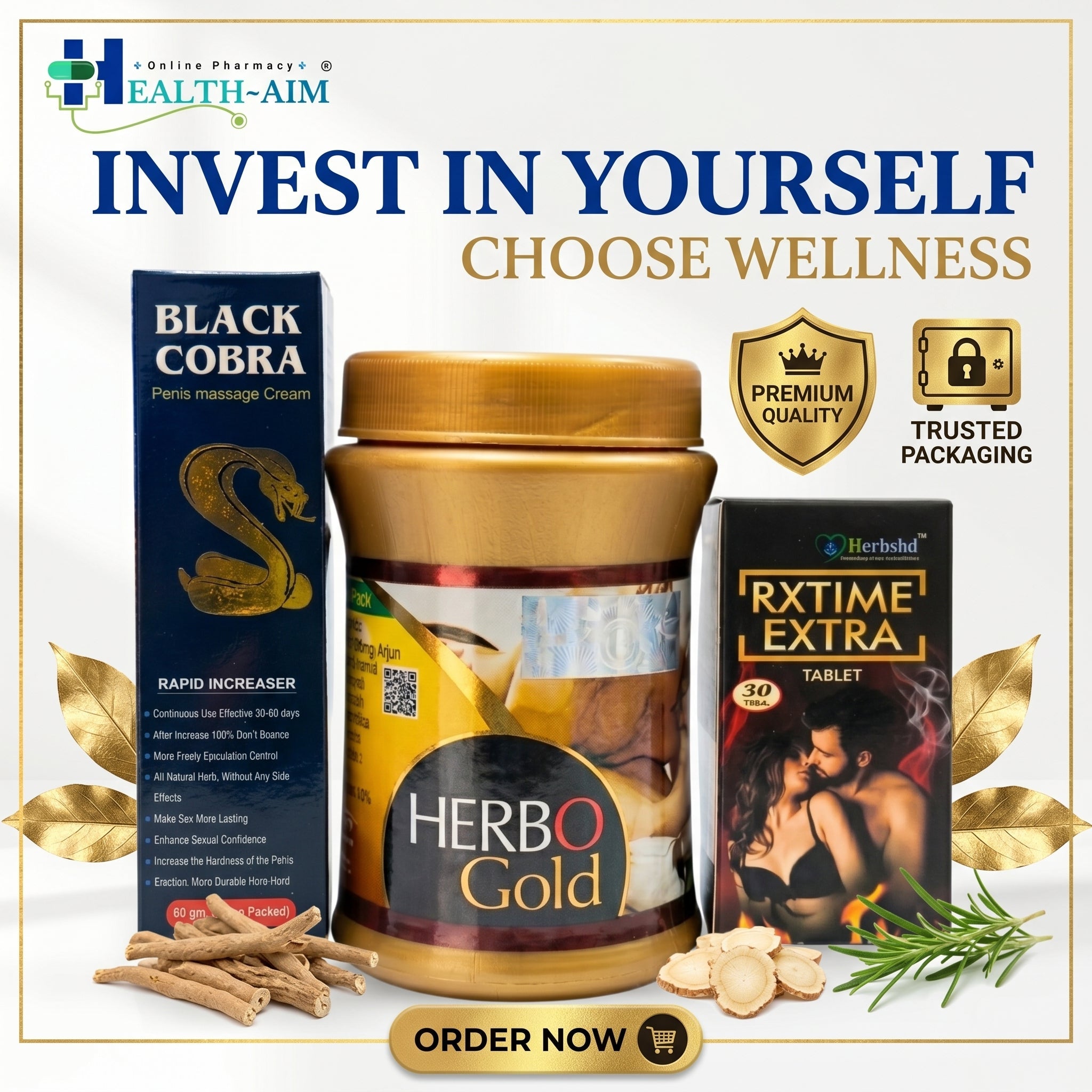 Ayurvedic Black Cobra Massage Cream and Herbo Gold Powder & RxTime Extra Capsule Combo | 60gm + 100gm + 30Caps | Combo Pack - HEALTH AIM PHARMACY