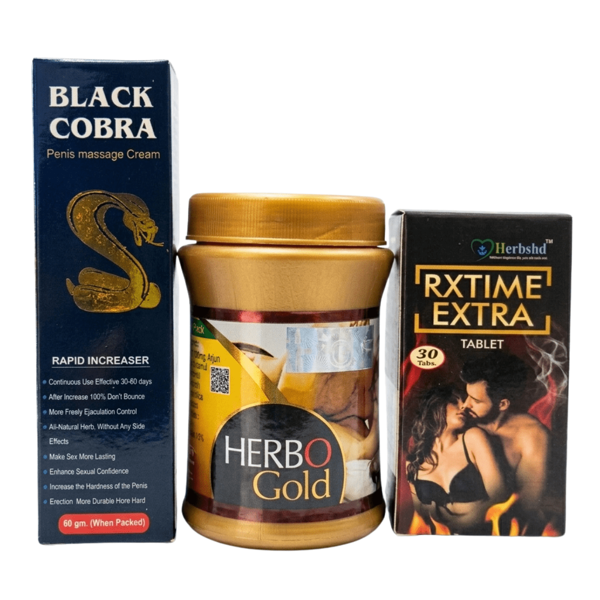 Ayurvedic Black Cobra Massage Cream and Herbo Gold Powder & RxTime Extra Capsule Combo | 60gm + 100gm + 30Caps | Combo Pack - HEALTH AIM PHARMACY