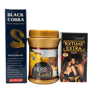 Ayurvedic Black Cobra Massage Cream and Herbo Gold Powder & RxTime Extra Capsule Combo | 60gm + 100gm + 30Caps | Combo Pack - HEALTH AIM PHARMACY