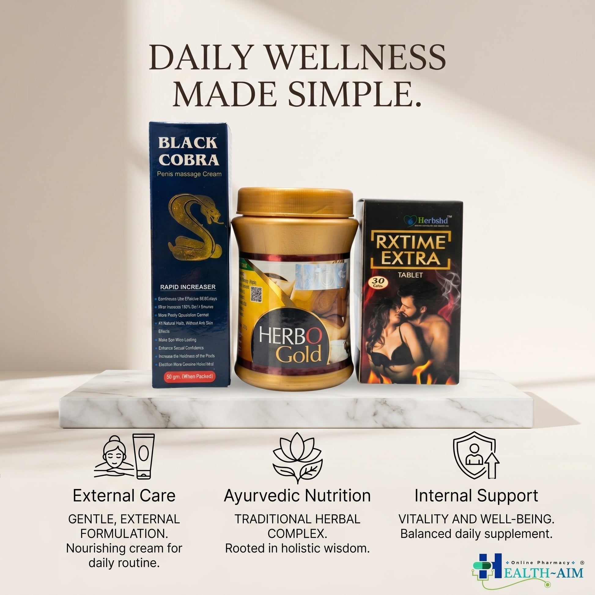 Ayurvedic Black Cobra Massage Cream and Herbo Gold Powder & RxTime Extra Capsule Combo | 60gm + 100gm + 30Caps | Combo Pack - HEALTH AIM PHARMACY