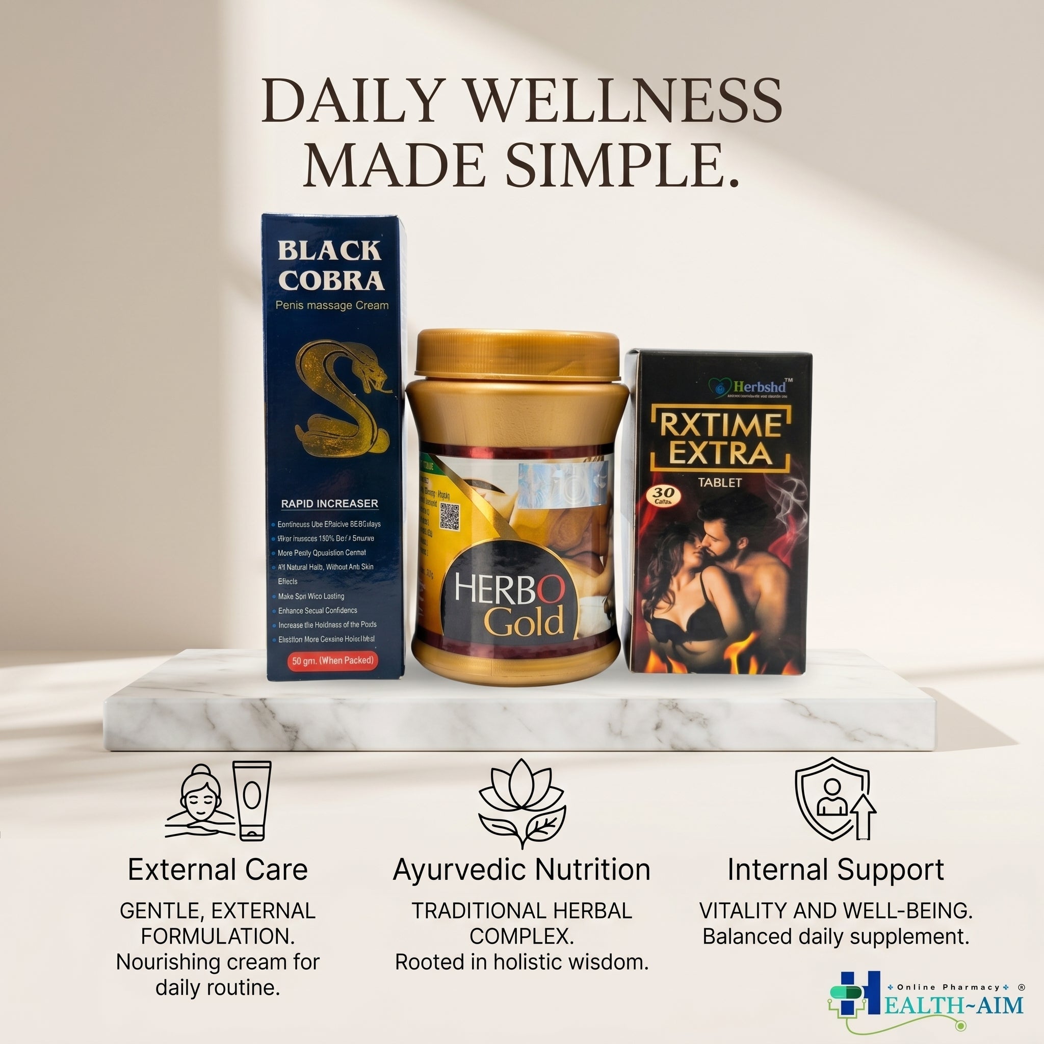 Ayurvedic Black Cobra Massage Cream and Herbo Gold Powder & RxTime Extra Capsule Combo | 60gm + 100gm + 30Caps | Combo Pack - HEALTH AIM PHARMACY