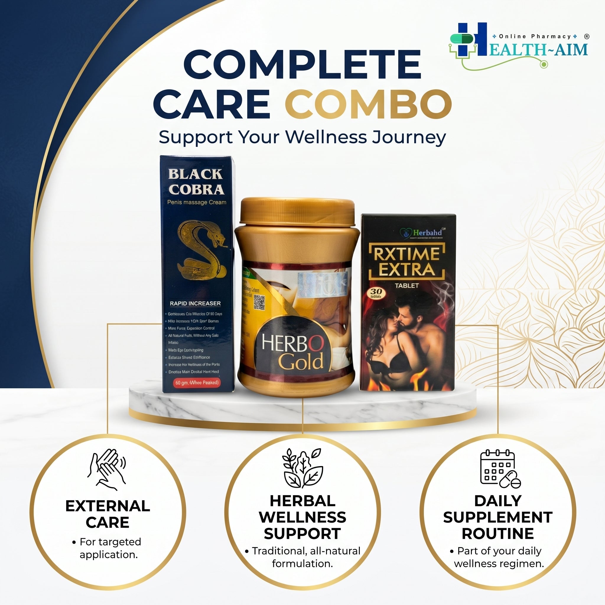 Ayurvedic Black Cobra Massage Cream and Herbo Gold Powder & RxTime Extra Capsule Combo | 60gm + 100gm + 30Caps | Combo Pack - HEALTH AIM PHARMACY