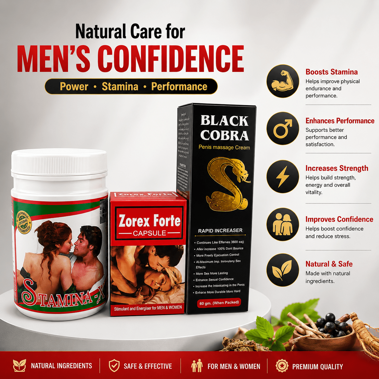 Ayurvedic Black Cobra Massage Cream and Stamina-X Powder & Zorex Forte Capsule Combo | 60gm + 100gm + 30Caps | Combo Pack - HEALTH AIM PHARMACY