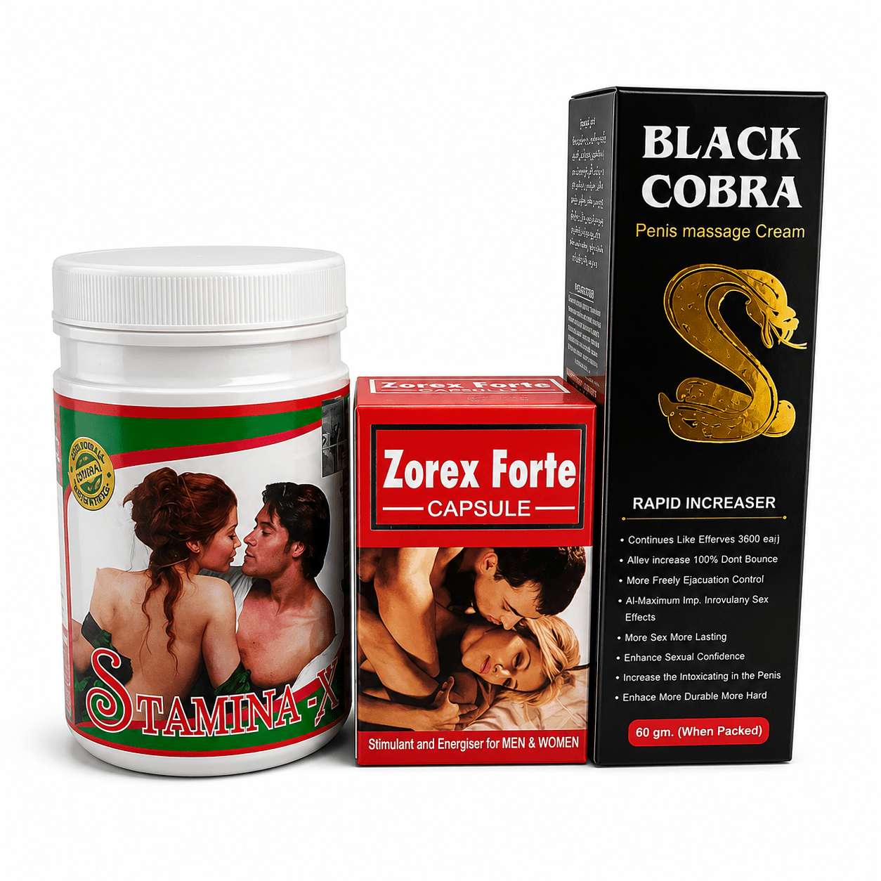 Ayurvedic Black Cobra Massage Cream and Stamina-X Powder & Zorex Forte Capsule Combo | 60gm + 100gm + 30Caps | Combo Pack - HEALTH AIM PHARMACY