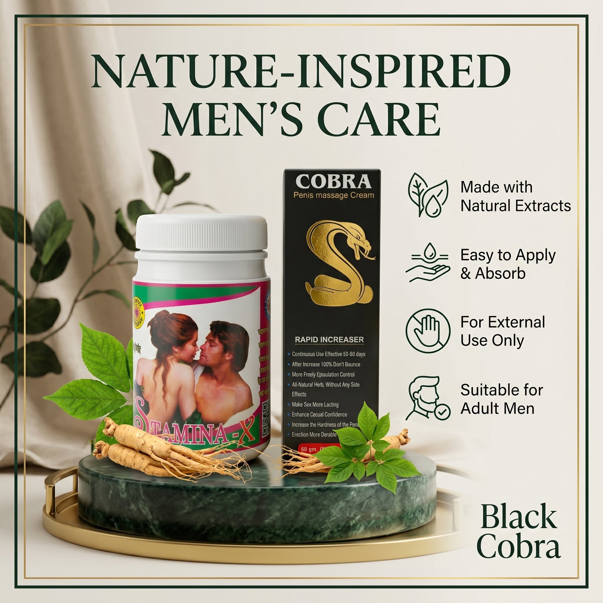 Ayurvedic Black Cobra Massage Cream & Stamina - X Powder Combo | 60gm + 100gm | Combo Pack - HEALTH AIM PHARMACY