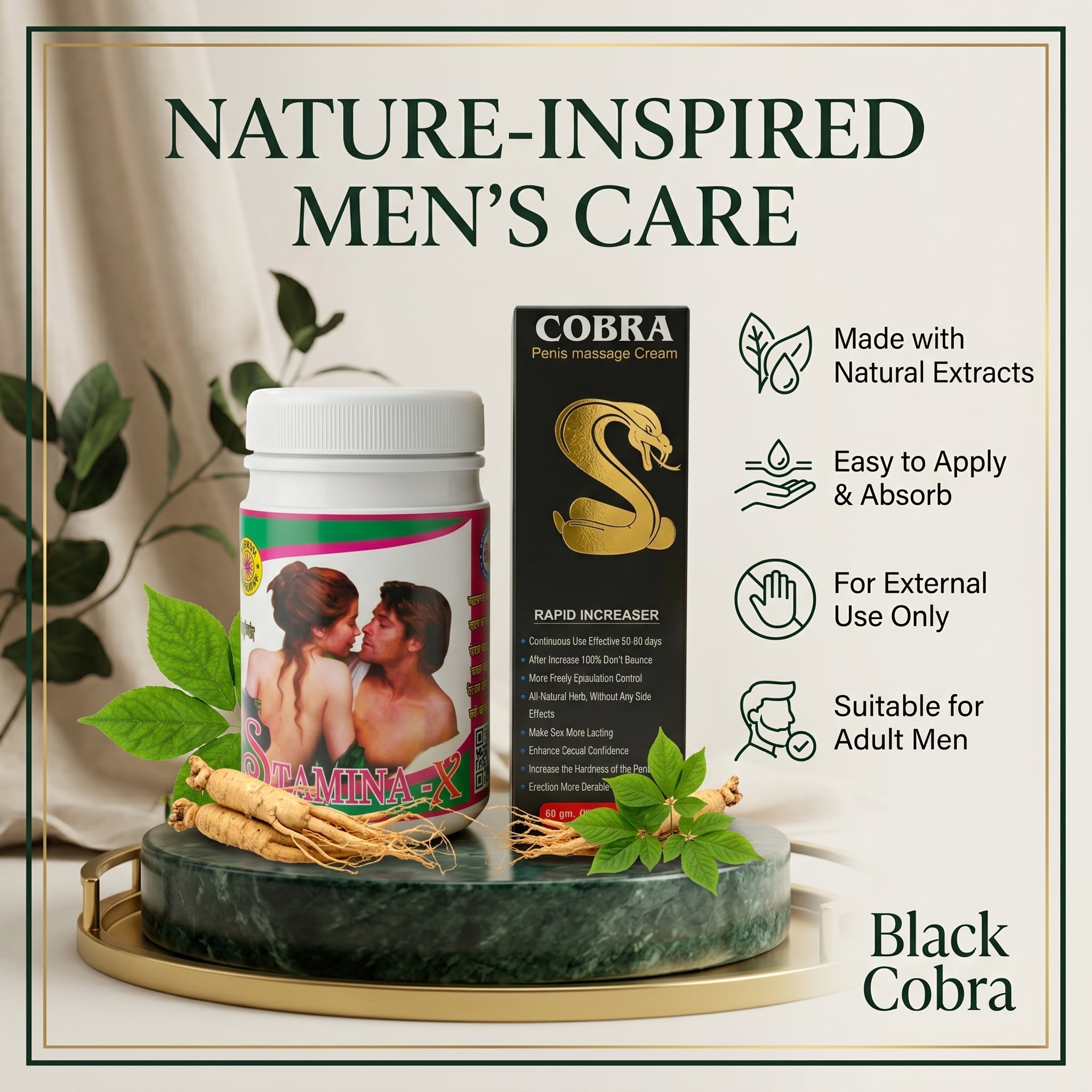 Ayurvedic Black Cobra Massage Cream & Stamina - X Powder Combo | 60gm + 100gm | Combo Pack - HEALTH AIM PHARMACY