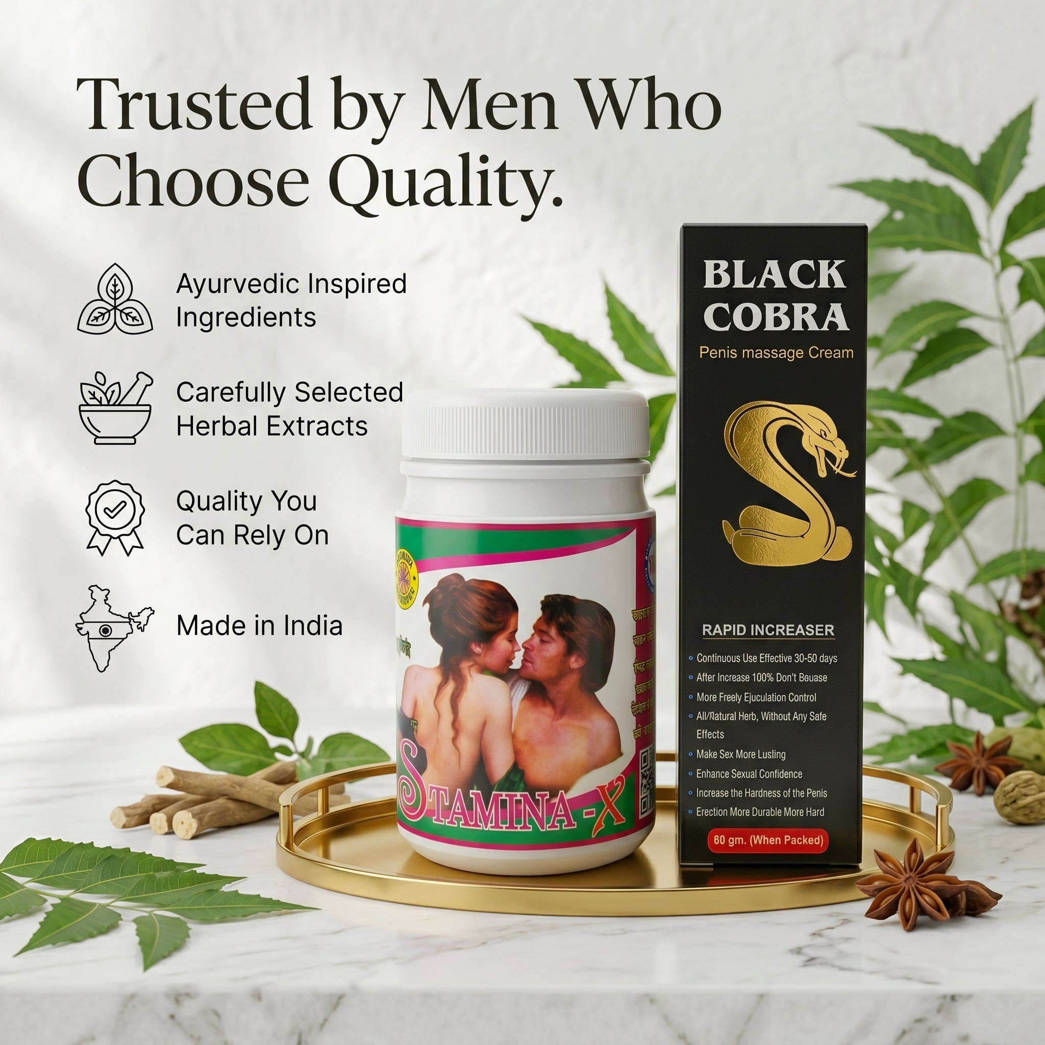 Ayurvedic Black Cobra Massage Cream & Stamina - X Powder Combo | 60gm + 100gm | Combo Pack - HEALTH AIM PHARMACY