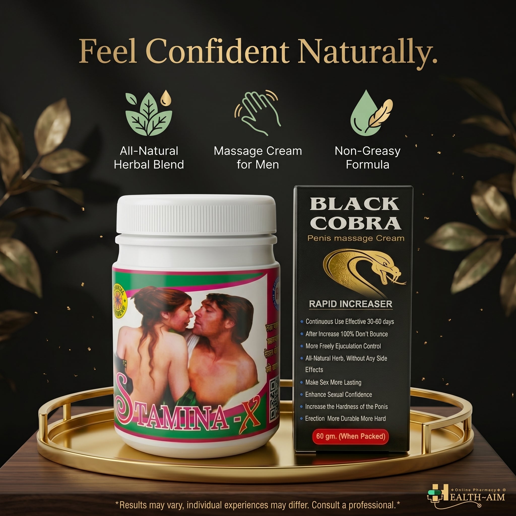 Ayurvedic Black Cobra Massage Cream & Stamina - X Powder Combo | 60gm + 100gm | Combo Pack - HEALTH AIM PHARMACY