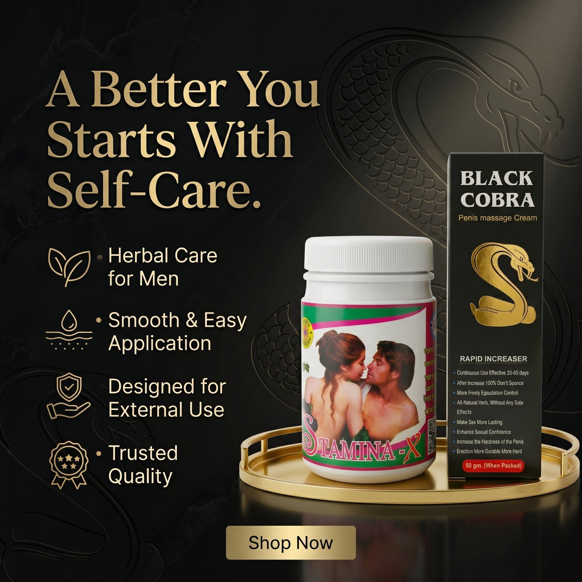 Ayurvedic Black Cobra Massage Cream & Stamina - X Powder Combo | 60gm + 100gm | Combo Pack - HEALTH AIM PHARMACY