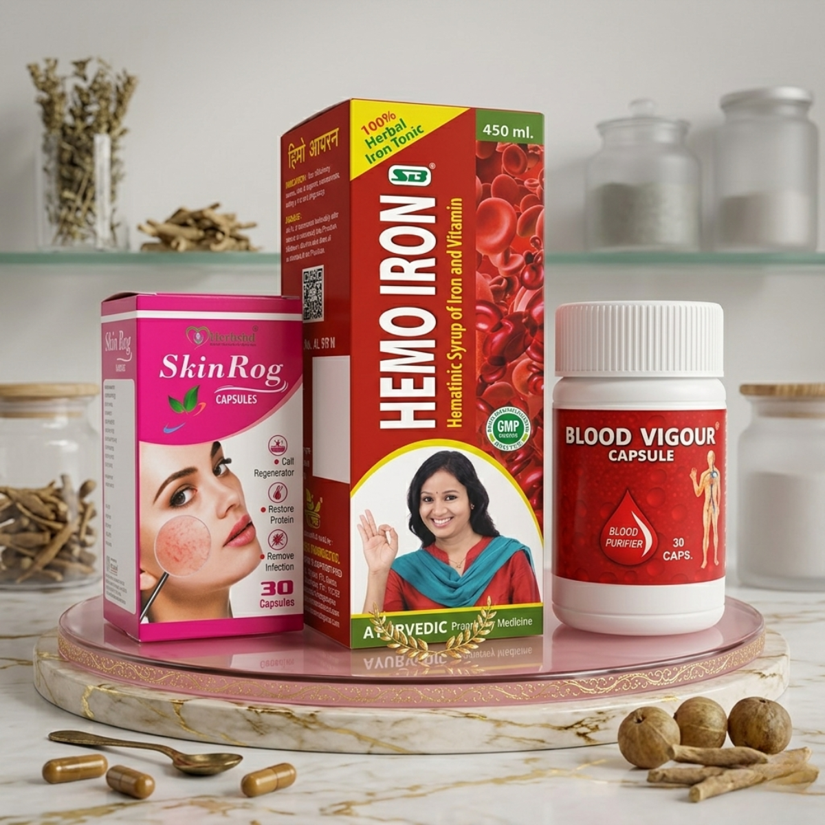 Ayurvedic Blood vigour Capsule and SkinRog Capsule & Hemo Iron Tonic Combo | 30Caps + 30 Caps + 450ml | Combo Pack - HEALTH AIM PHARMACY