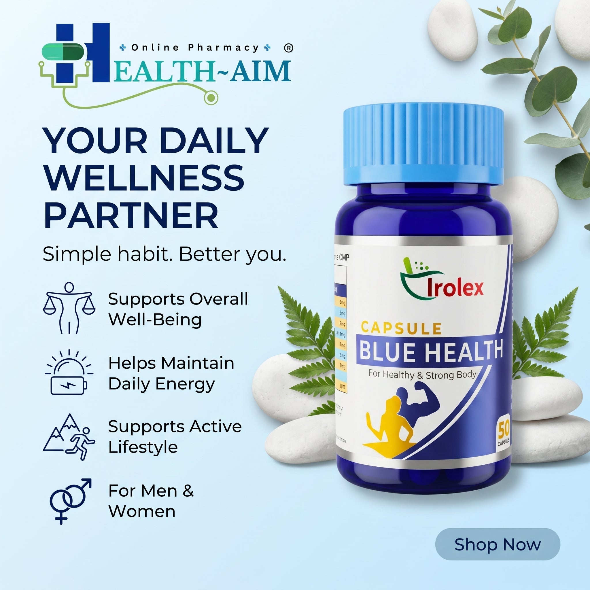 Ayurvedic Blue Health Capsule | For Healthy & Strong Body | 50Caps | Pack Of 2 - HEALTH AIM PHARMACY