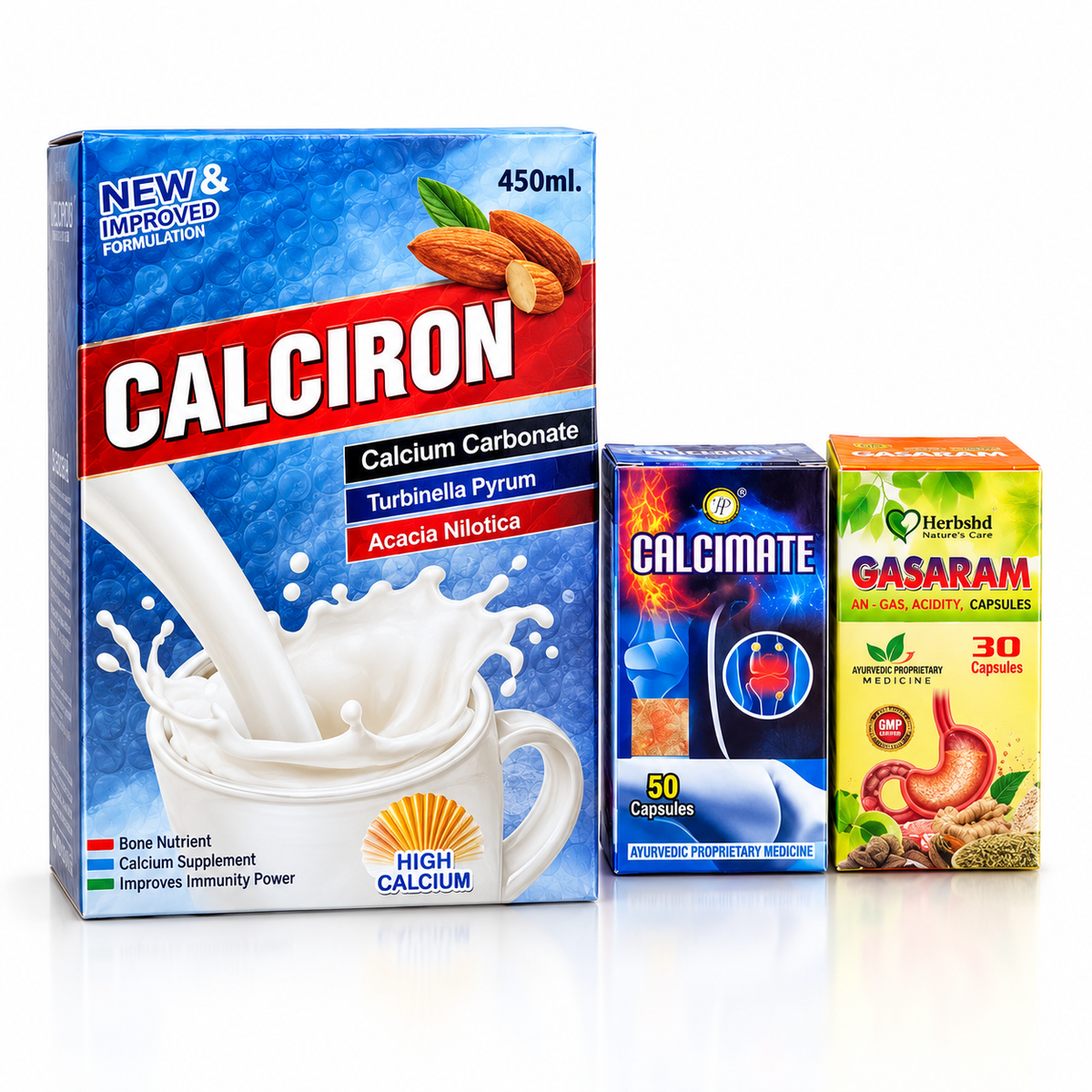 Ayurvedic Calciron Syrup & Calcimate Capsule Combo Pack of 2 + Get Gasaram Capsule FREE - HEALTH AIM PHARMACY