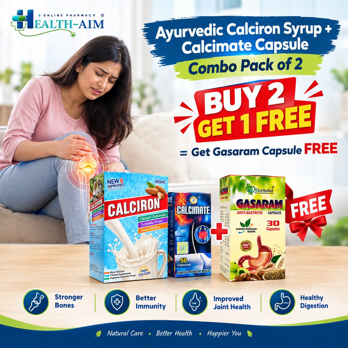 Ayurvedic Calciron Syrup & Calcimate Capsule Combo Pack of 2 + Get Gasaram Capsule FREE - HEALTH AIM PHARMACY