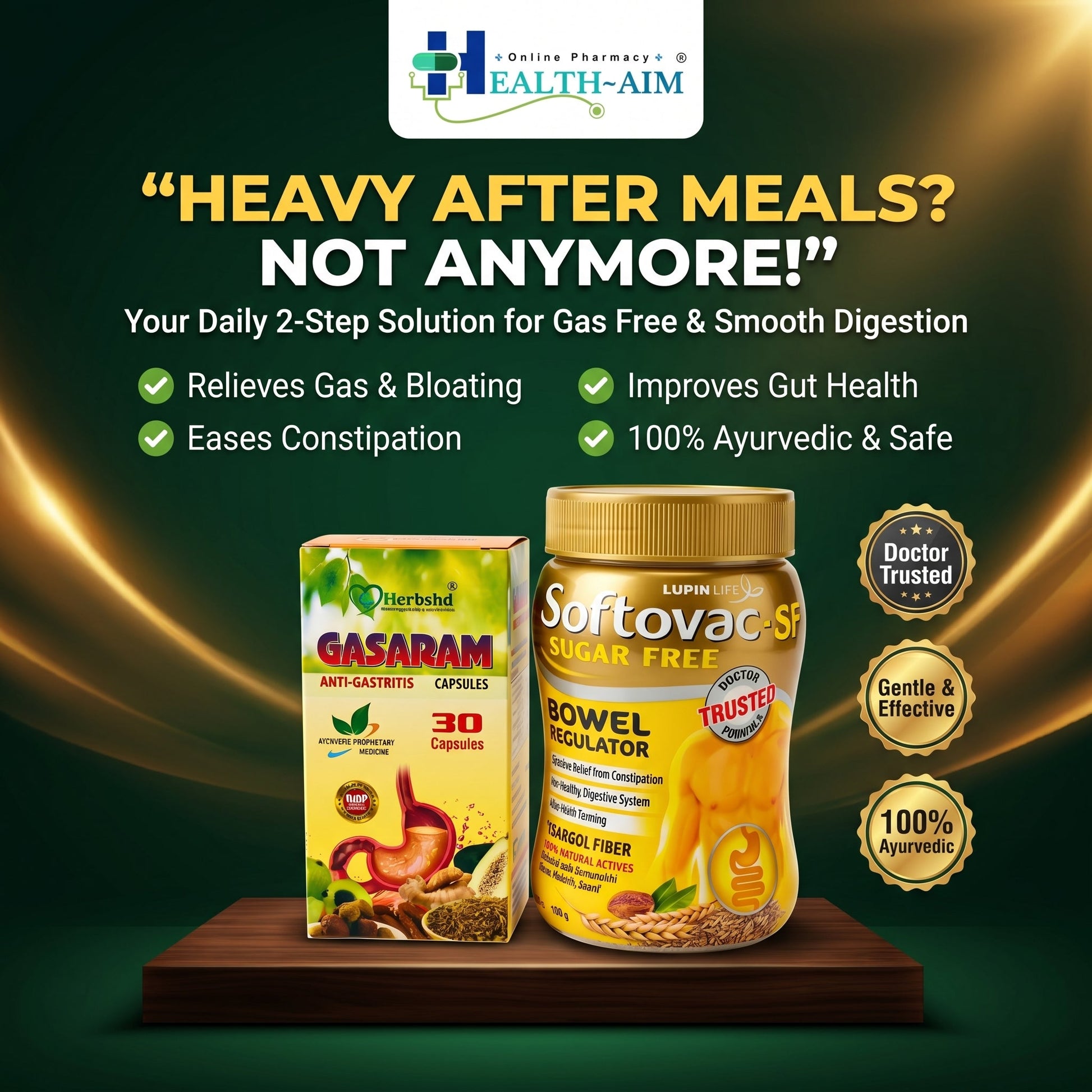 Ayurvedic Digestive Wellness Combo | Gasaram Capsules & Softovac - SF Powder for Gas, Bloating, Constipation, Acidity & Gut Health Support | Sugar - Free Ayurvedic Digestive Care - HEALTH AIM PHARMACY
