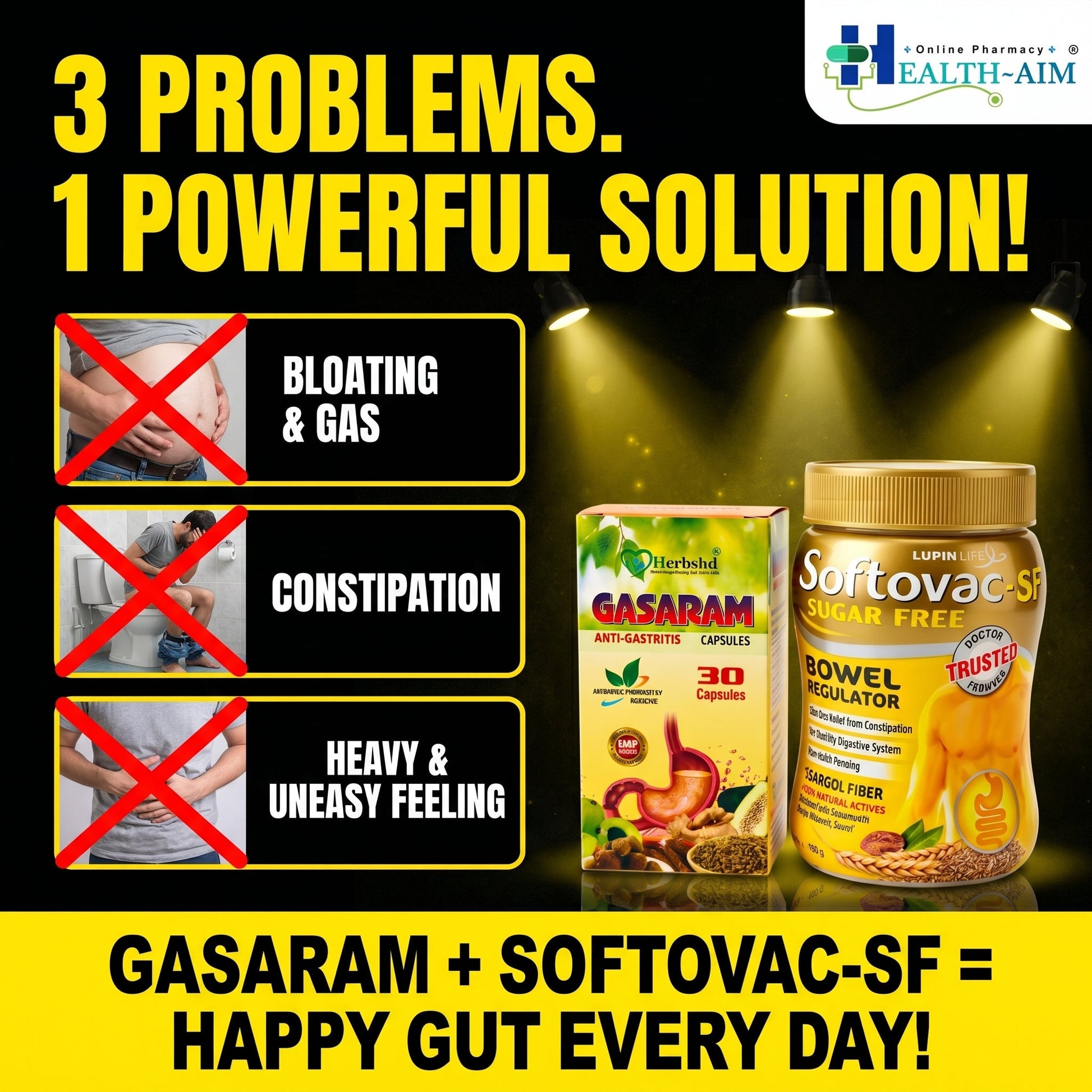 Ayurvedic Digestive Wellness Combo | Gasaram Capsules & Softovac - SF Powder for Gas, Bloating, Constipation, Acidity & Gut Health Support | Sugar - Free Ayurvedic Digestive Care - HEALTH AIM PHARMACY