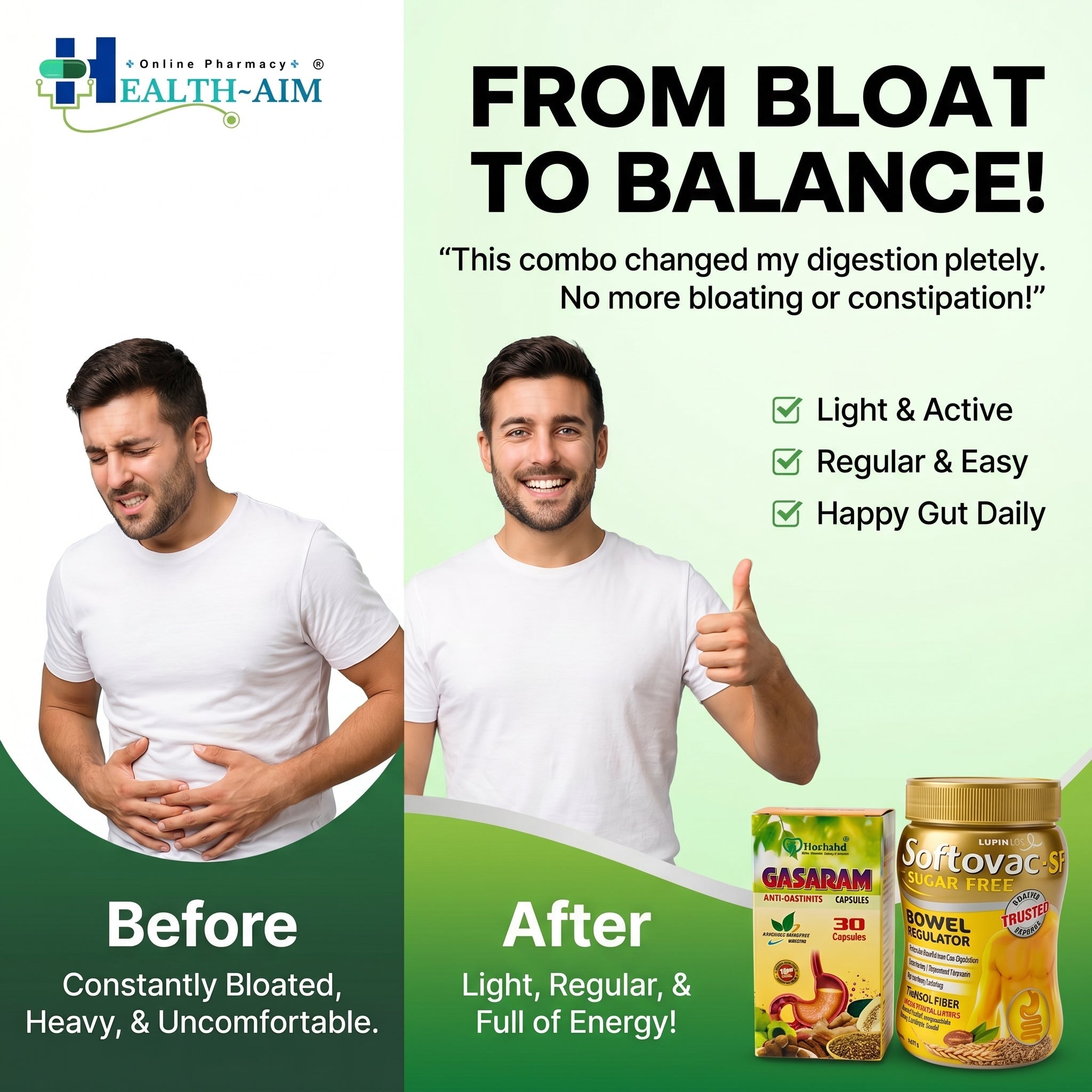 Ayurvedic Digestive Wellness Combo | Gasaram Capsules & Softovac - SF Powder for Gas, Bloating, Constipation, Acidity & Gut Health Support | Sugar - Free Ayurvedic Digestive Care - HEALTH AIM PHARMACY