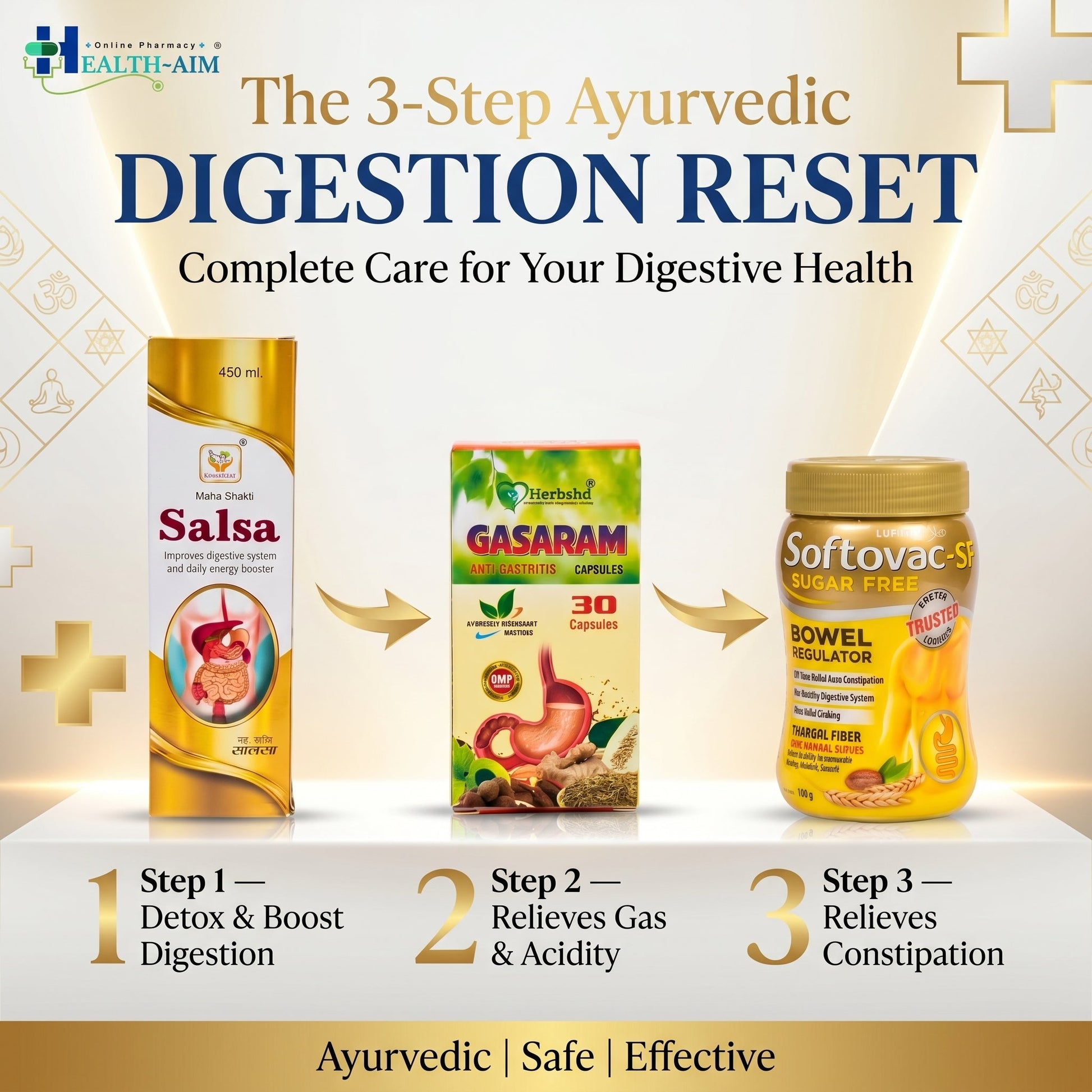 Ayurvedic Digestive Wellness Combo Pack | Gas, Bloating & Constipation Support | Gasaram Capsules + Softovac - SF Powder + Mahashakti Salsa Syrup - HEALTH AIM PHARMACY