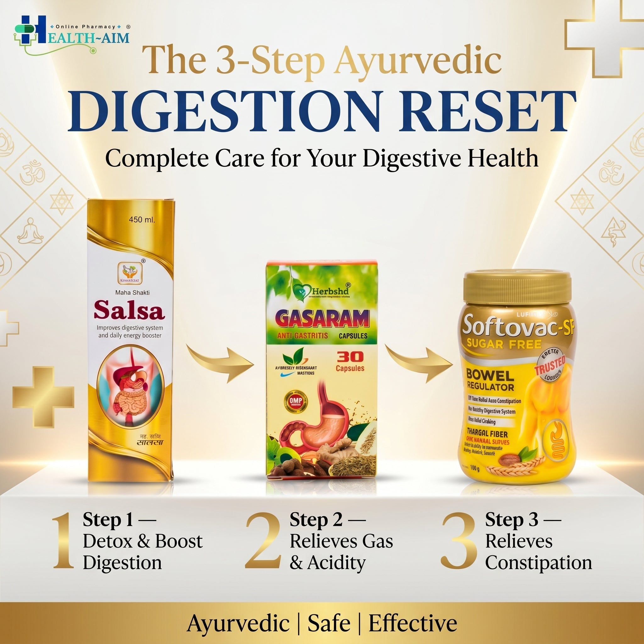 Ayurvedic Digestive Wellness Combo Pack | Gas, Bloating & Constipation Support | Gasaram Capsules + Softovac - SF Powder + Mahashakti Salsa Syrup - HEALTH AIM PHARMACY