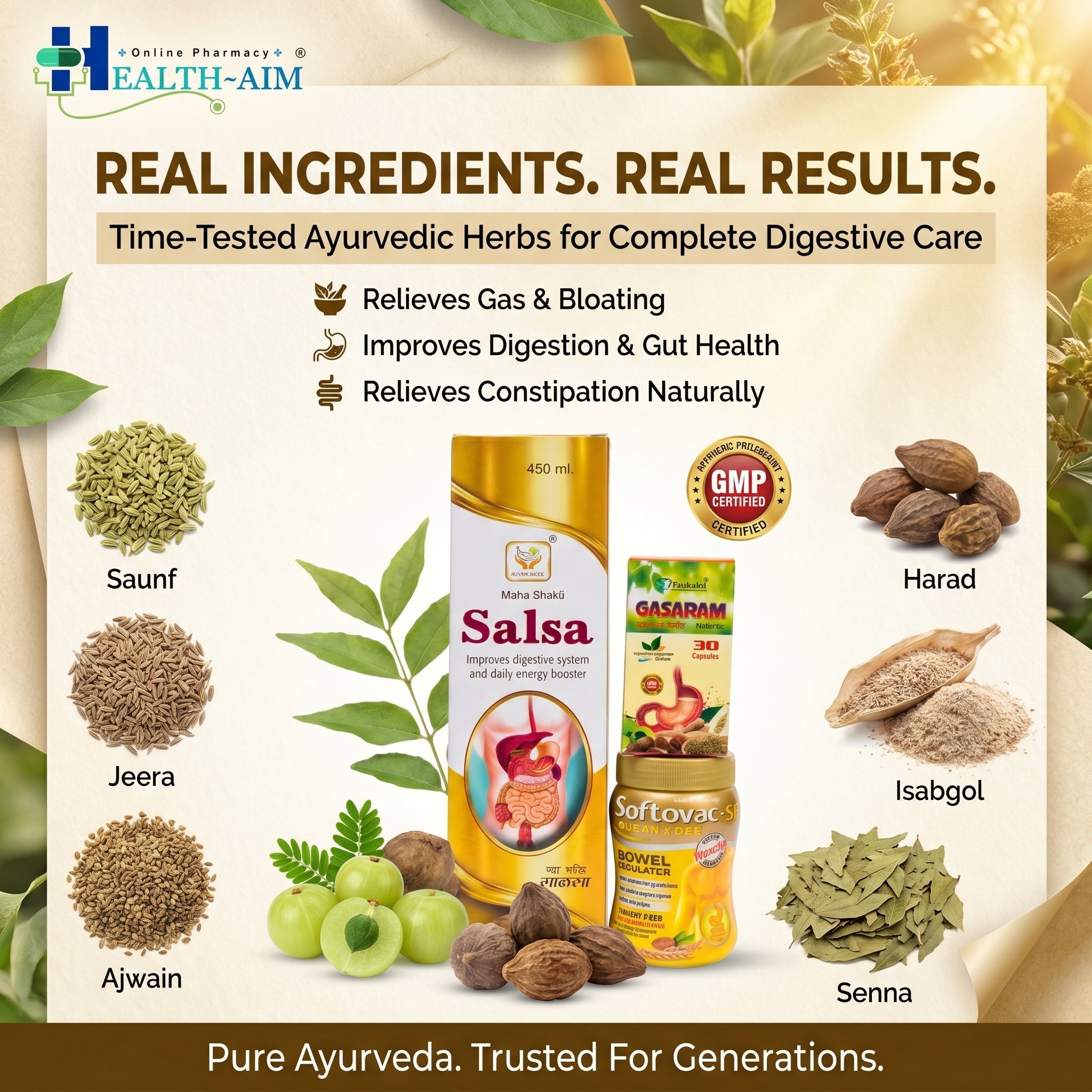 Ayurvedic Digestive Wellness Combo Pack | Gas, Bloating & Constipation Support | Gasaram Capsules + Softovac - SF Powder + Mahashakti Salsa Syrup - HEALTH AIM PHARMACY