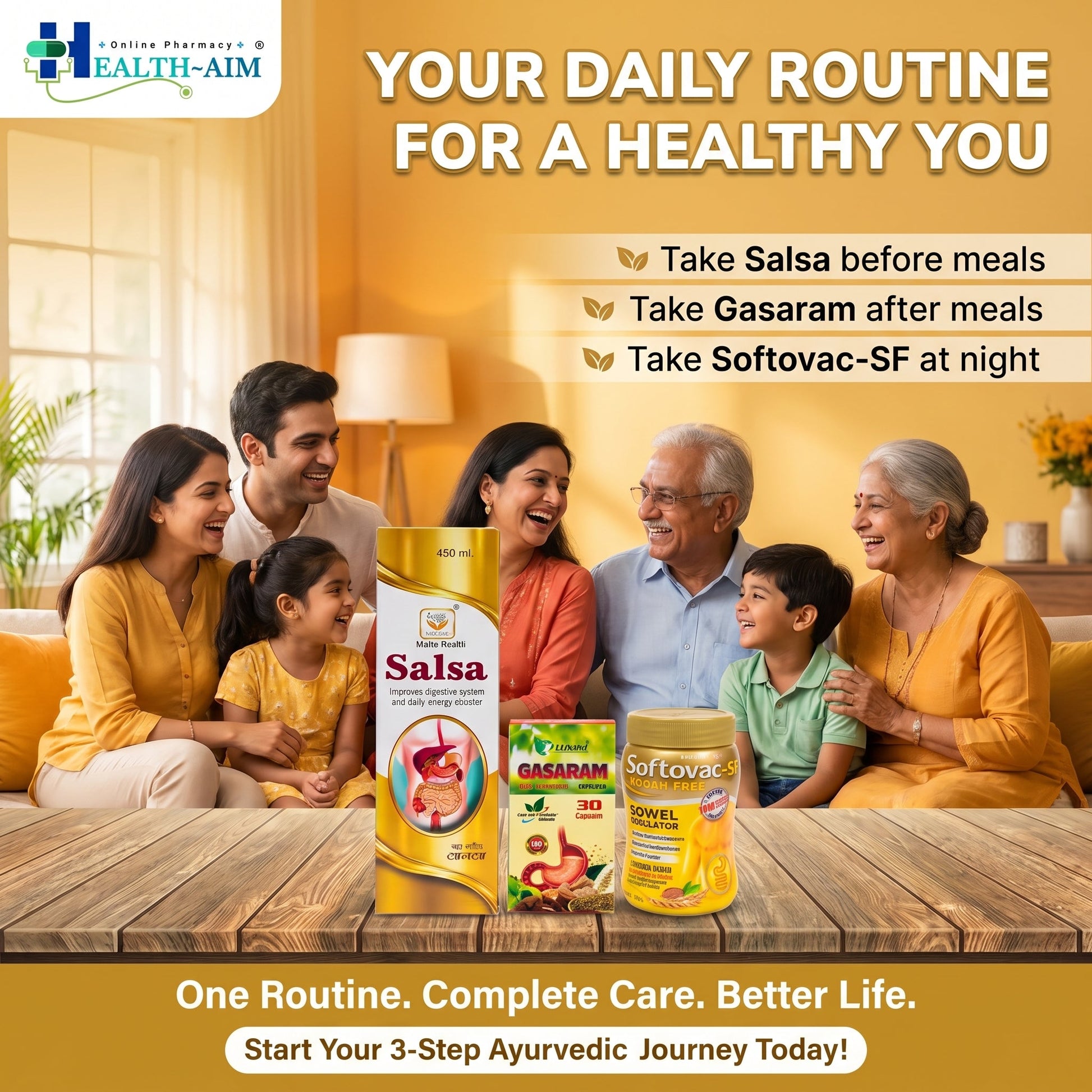 Ayurvedic Digestive Wellness Combo Pack | Gas, Bloating & Constipation Support | Gasaram Capsules + Softovac - SF Powder + Mahashakti Salsa Syrup - HEALTH AIM PHARMACY