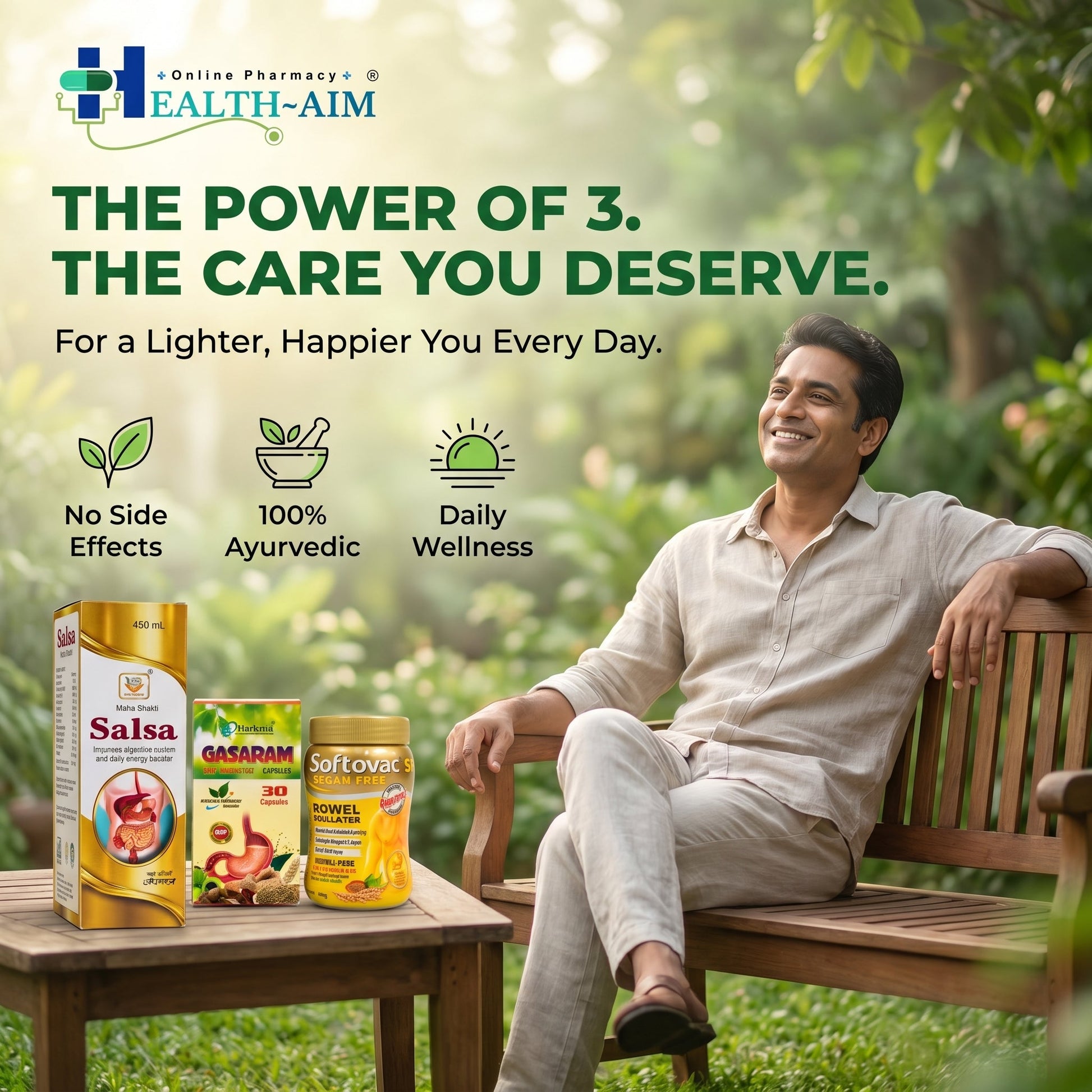 Ayurvedic Digestive Wellness Combo Pack | Gas, Bloating & Constipation Support | Gasaram Capsules + Softovac - SF Powder + Mahashakti Salsa Syrup - HEALTH AIM PHARMACY