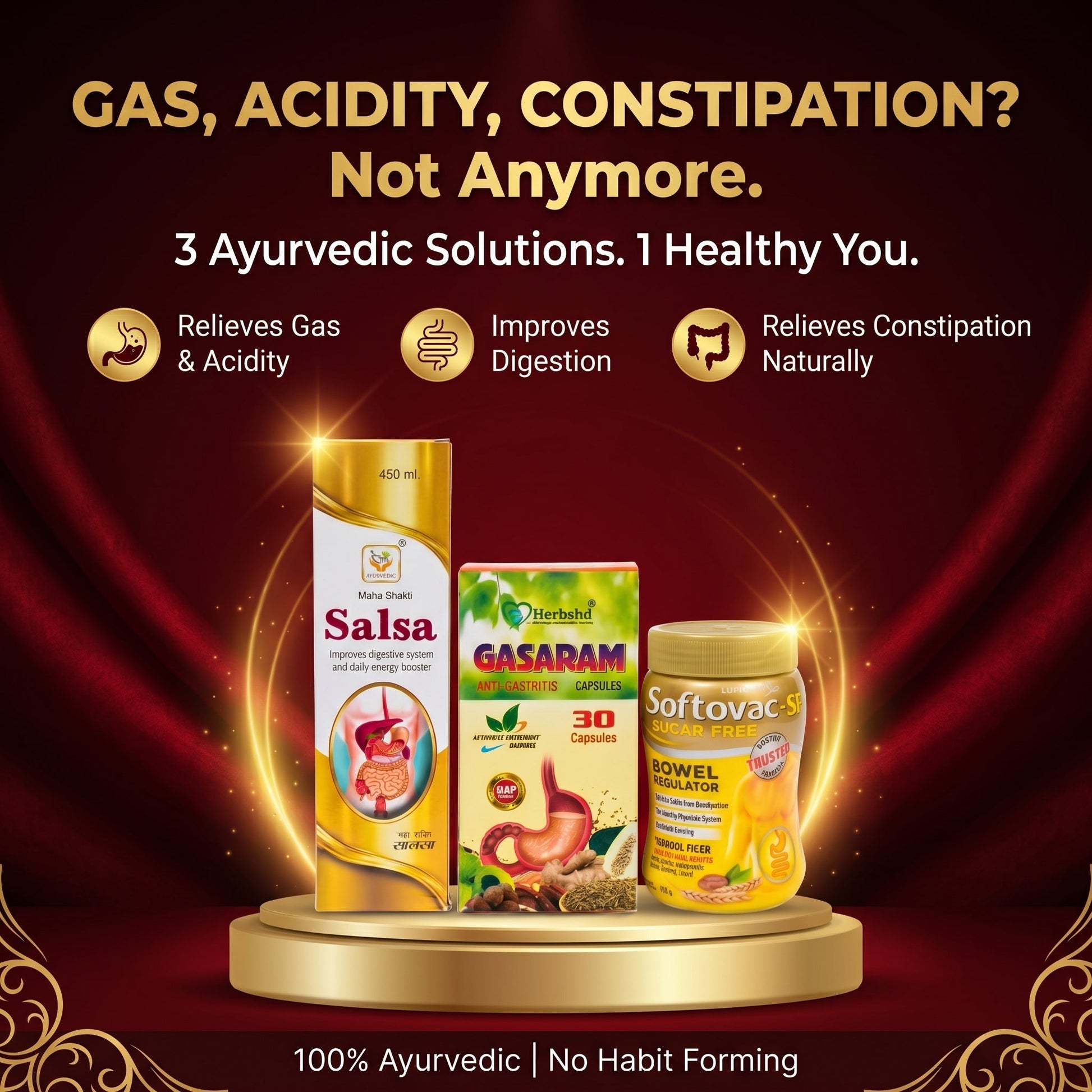 Ayurvedic Digestive Wellness Combo Pack | Gas, Bloating & Constipation Support | Gasaram Capsules + Softovac - SF Powder + Mahashakti Salsa Syrup - HEALTH AIM PHARMACY