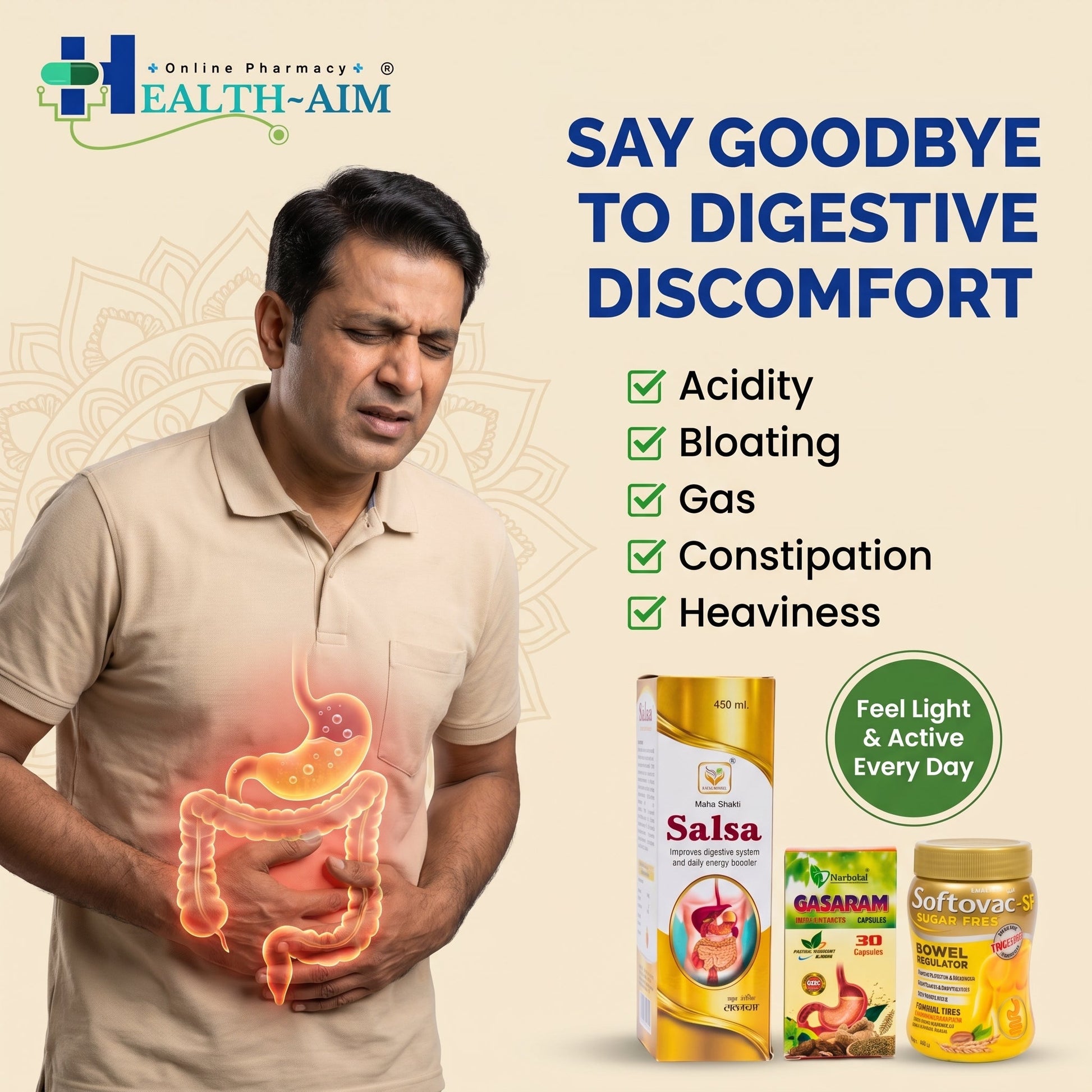 Ayurvedic Digestive Wellness Combo Pack | Gas, Bloating & Constipation Support | Gasaram Capsules + Softovac - SF Powder + Mahashakti Salsa Syrup - HEALTH AIM PHARMACY