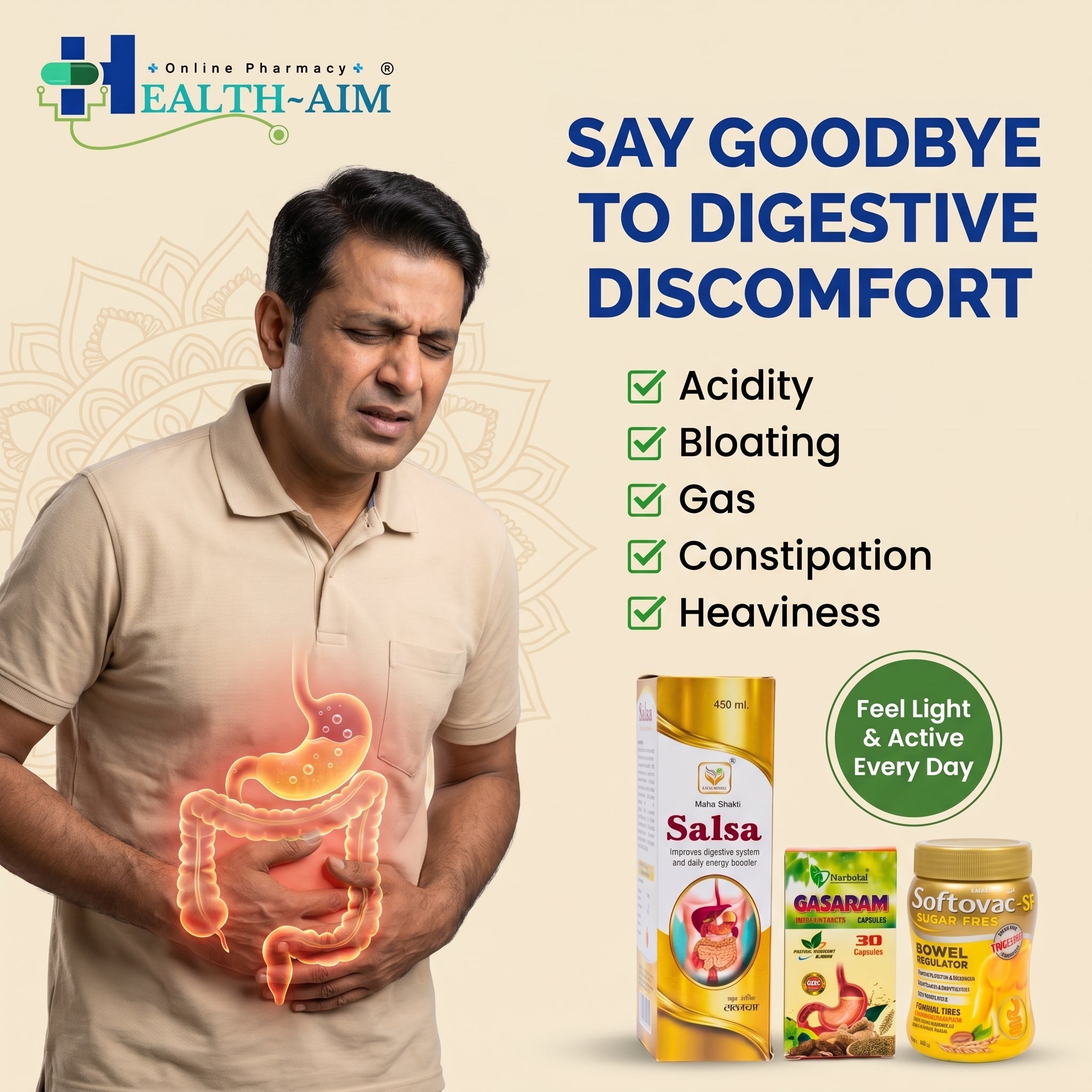 Ayurvedic Digestive Wellness Combo Pack | Gas, Bloating & Constipation Support | Gasaram Capsules + Softovac - SF Powder + Mahashakti Salsa Syrup - HEALTH AIM PHARMACY